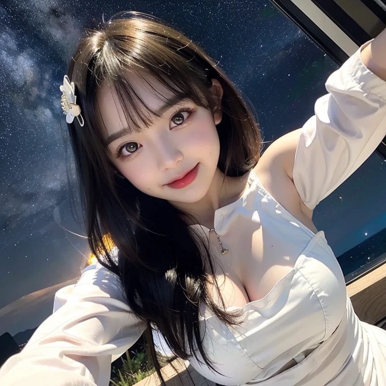 
highest quality, High resolution, (Realistic:1.2), 1 beautiful Japanese girl, Happy smile, High definition eyes, (Large eyes with thick, well-defined double eyelids:1.4), Droopy eyes, Dimples, Black Hair, Long hair blowing in the wind, Slender body, Small breasts, White collared dress, (Starry Sky, night:1.4), Milky Way, Wide plains, View angle from below, Cool tones, 