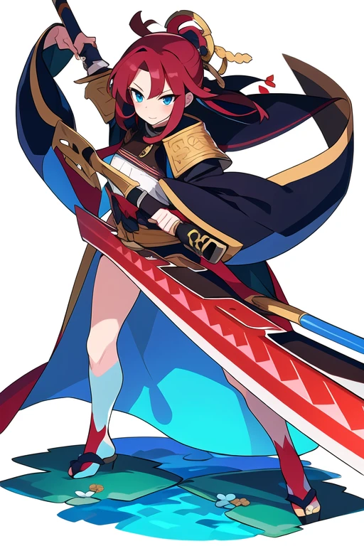 stand posture, cute eyes, adult woman,, solo, high fantasy outfits, ((white background)), full body, holding weapon, samurai girl,