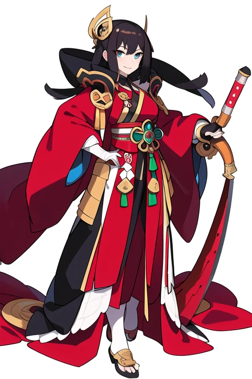 stand posture, cute eyes, adult woman,, solo, high fantasy outfits, ((white background)), full body, holding weapon, samurai girl,
