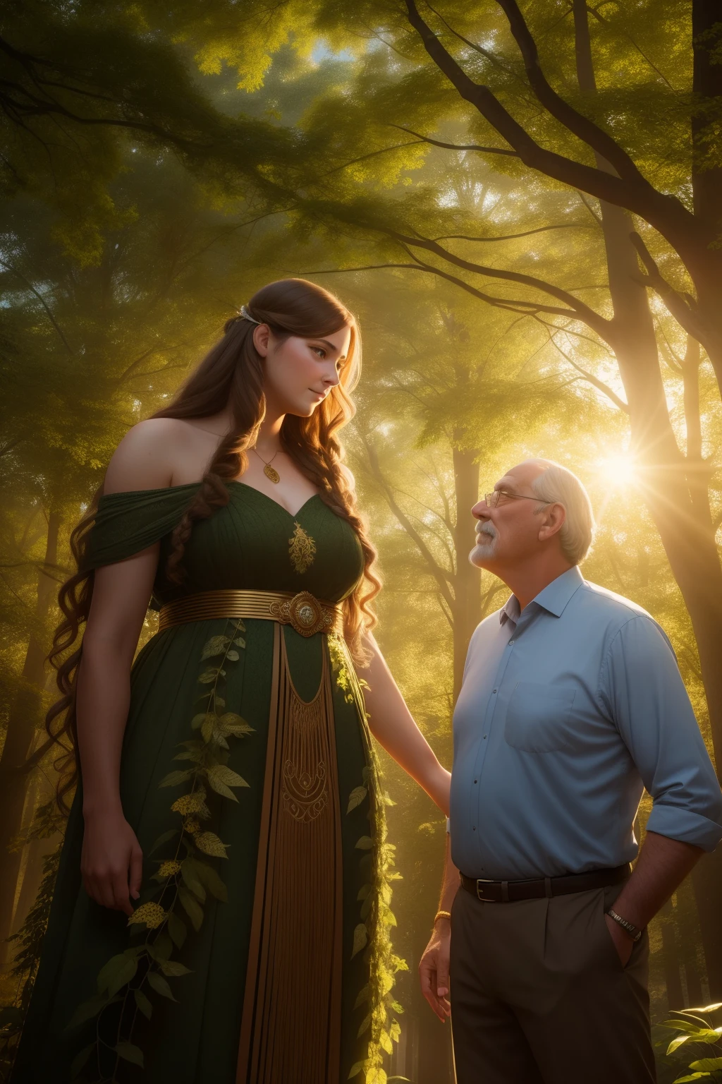 A 9-foot-tall giant daughter stands next to her short and small father in an awe-inspiring scene. Her towering figure, with bright, curious eyes and perfectly proportioned features, contrasts starkly against her father's  frame. His warm, wrinkled face beams with pride as he looks up at his impressive offspring. The background is a serene forest, with sunbeams filtering through the leaves, casting an ethereal glow on the father-daughter duo. The scene is captured in exquisite detail, with each strand of the giant's golden curls and the father's graying hair meticulously rendered. This is a phot