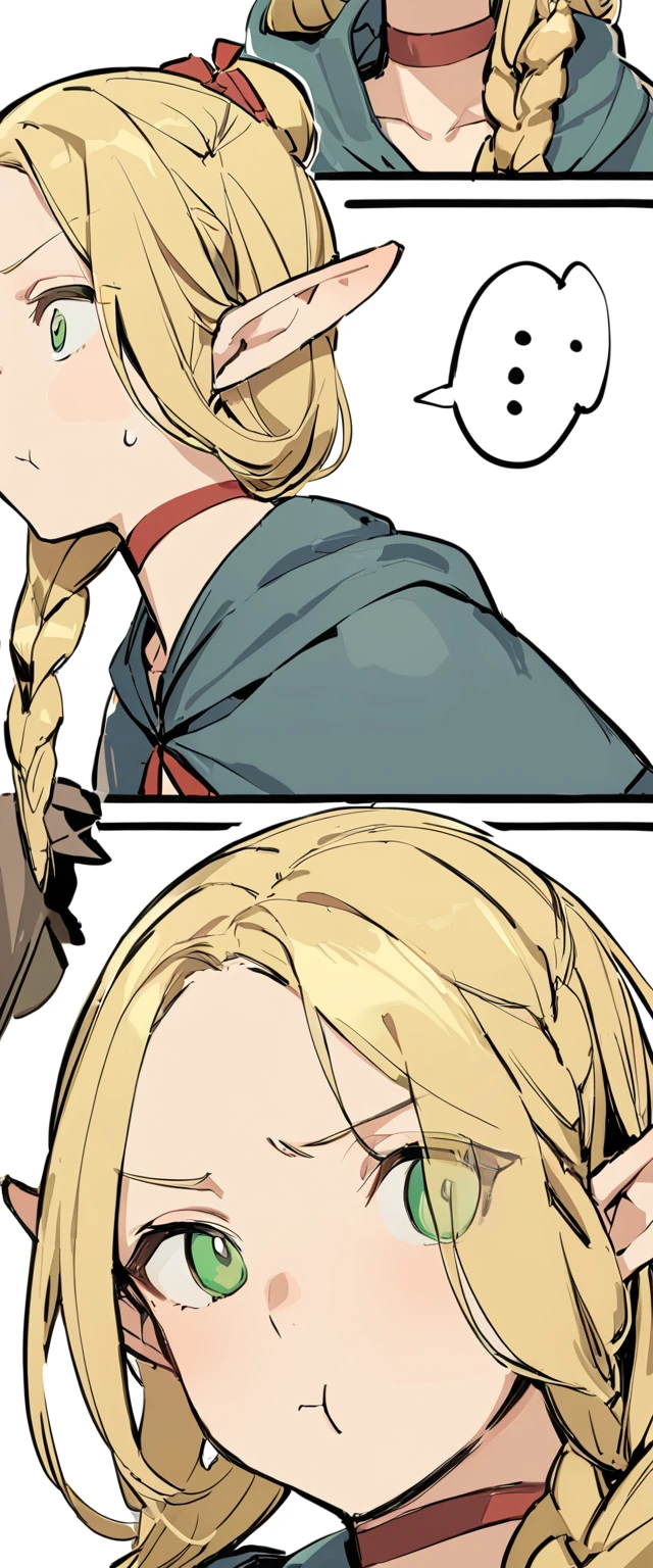 masterpiece, best qualityï¼ ï¼pointy ears, braid, solo, green eyes, ..., elf, blonde hair, white background, choker, 1girl, long hair, hair over shoulder, simple background, single braid, spoken ellipsis, :t, upper body, robe, pout