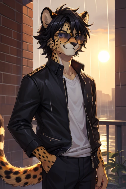 Cheetah, antro, male, solo, non-human, informal clothes, Rain, younger, 20 years old, taller, messy hair, cheetah face, slim body, cheetah tail, sun glasses, black hair, little smile, furry,