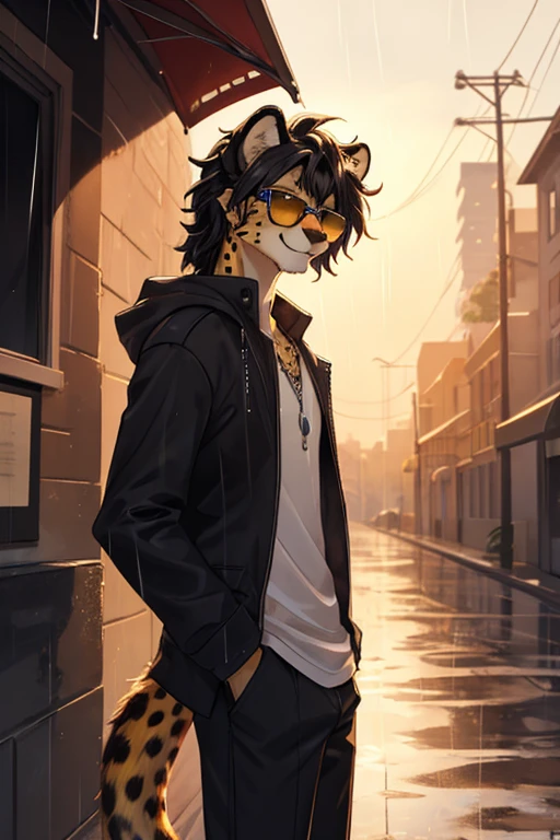 Cheetah, antro, male, solo, non-human, informal clothes, Rain, younger, 20 years old, taller, messy hair, cheetah face, slim body, cheetah tail, sun glasses, black hair, little smile, furry,