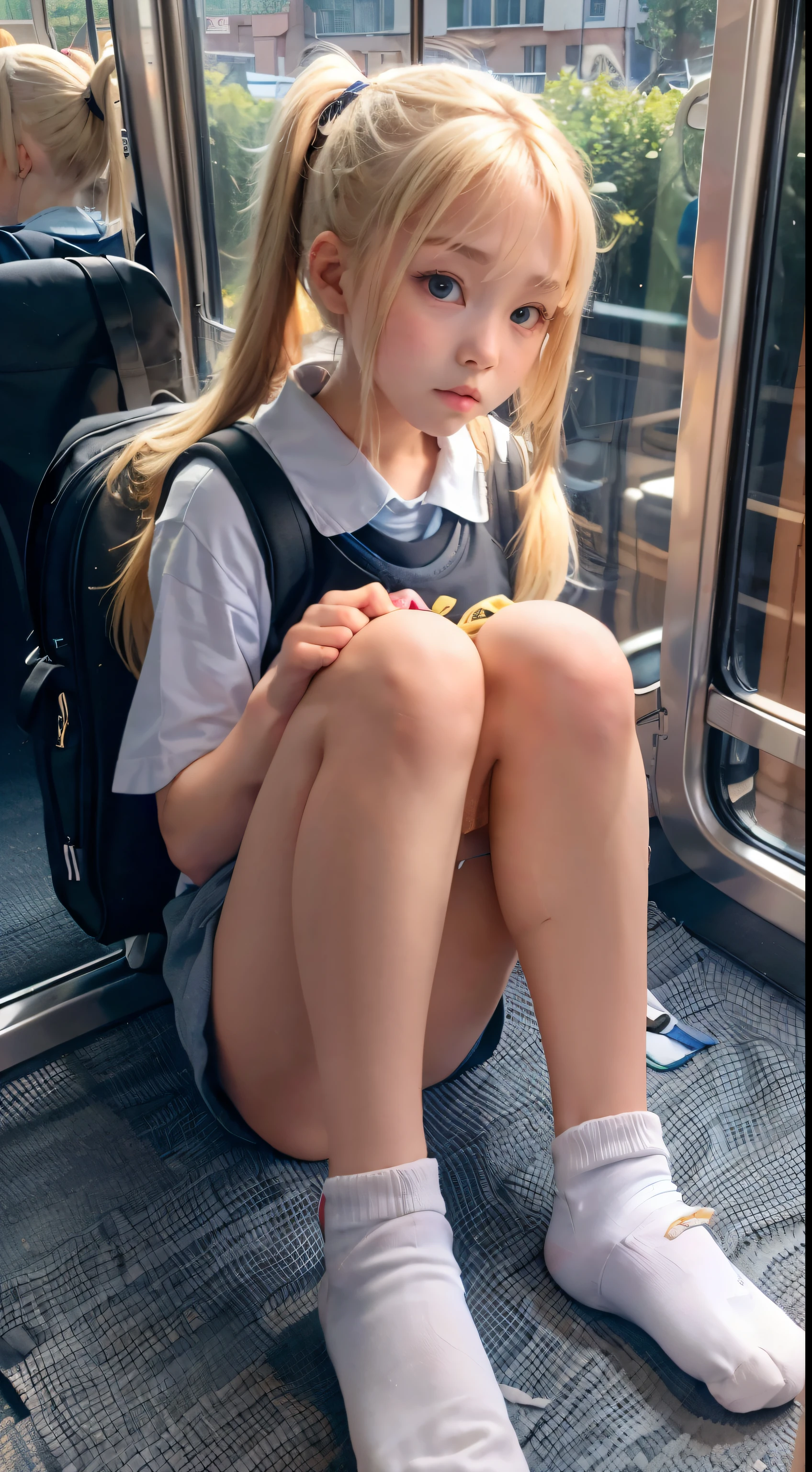 9 years old girls, blonde, long ponytail, sitting in school bus, elementary student, wearing school bag, natural realistic lighting, white socks, white skin, long legs, thin frame, skinny body