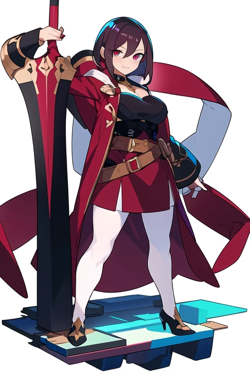 stand posture, cute eyes, adult woman,, solo, high fantasy outfits, ((white background)), (full body), holding weapon, pantyhose, belt,