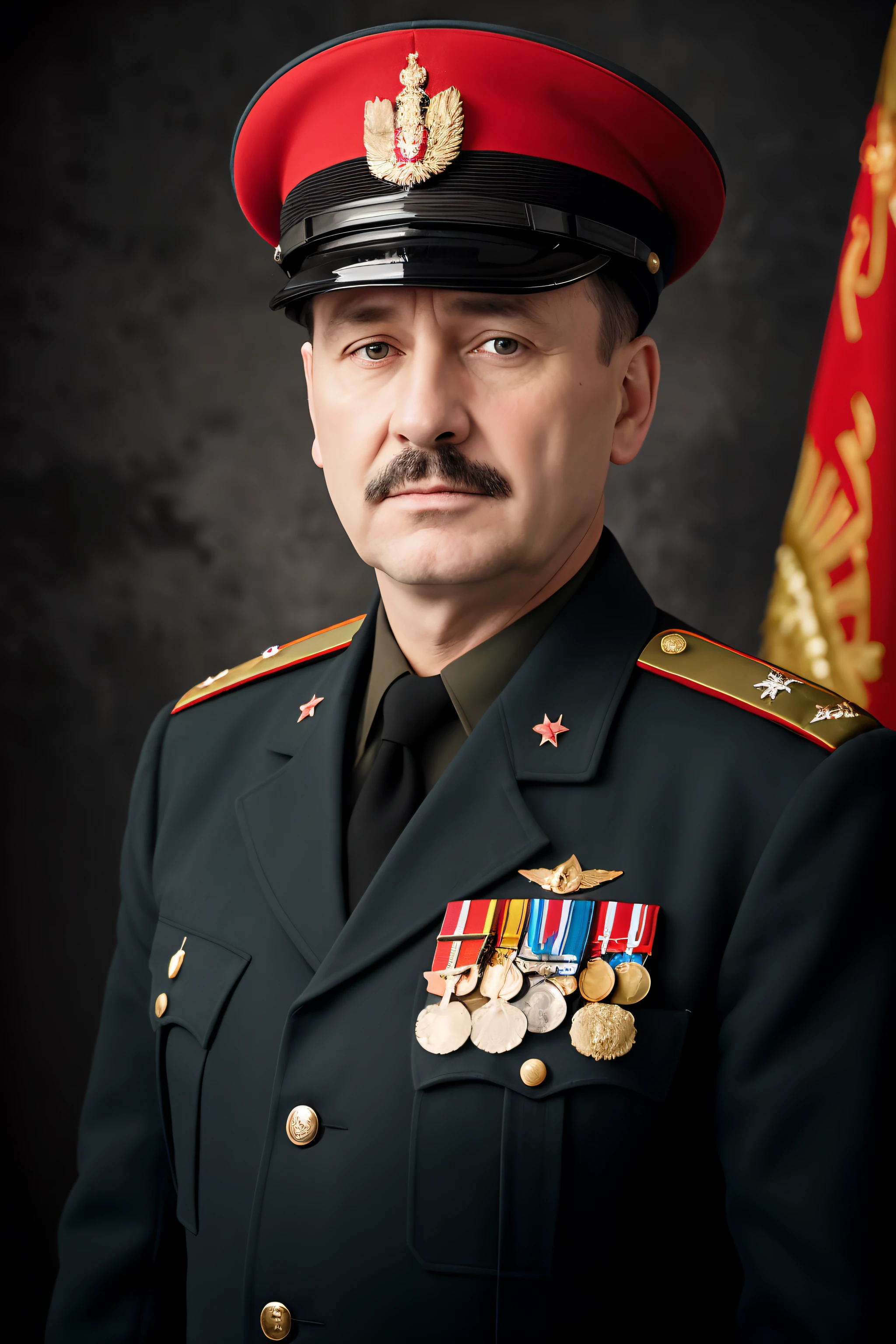 masterpiece, best quality, hd, realistic, 80mm, 1man, 40 y.o, British man, black hair, wear Soviet military uniform, military cap,general, Russia, upper body, simple background, Russia flag