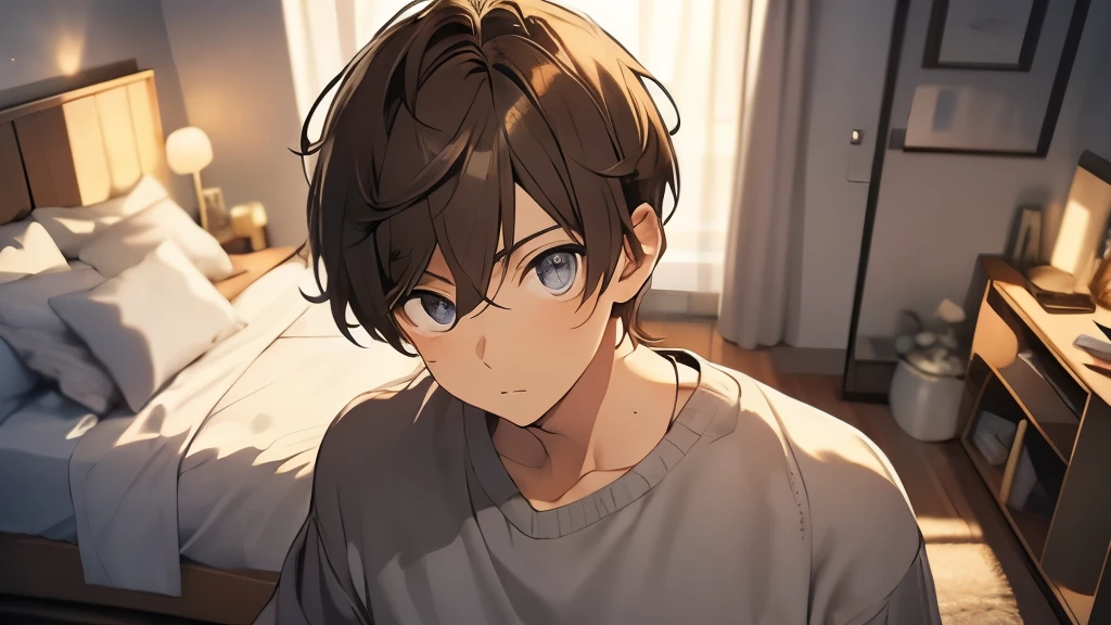 20-year-old male、brown hair、Handsome、one's home、night