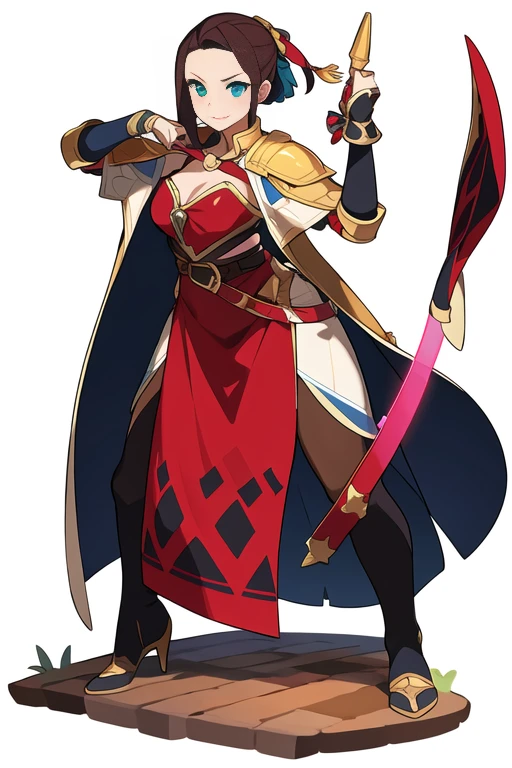 stand posture, cute eyes, adult woman,, solo, high fantasy outfits, ((white background)), full body, holding weapon, belt,
