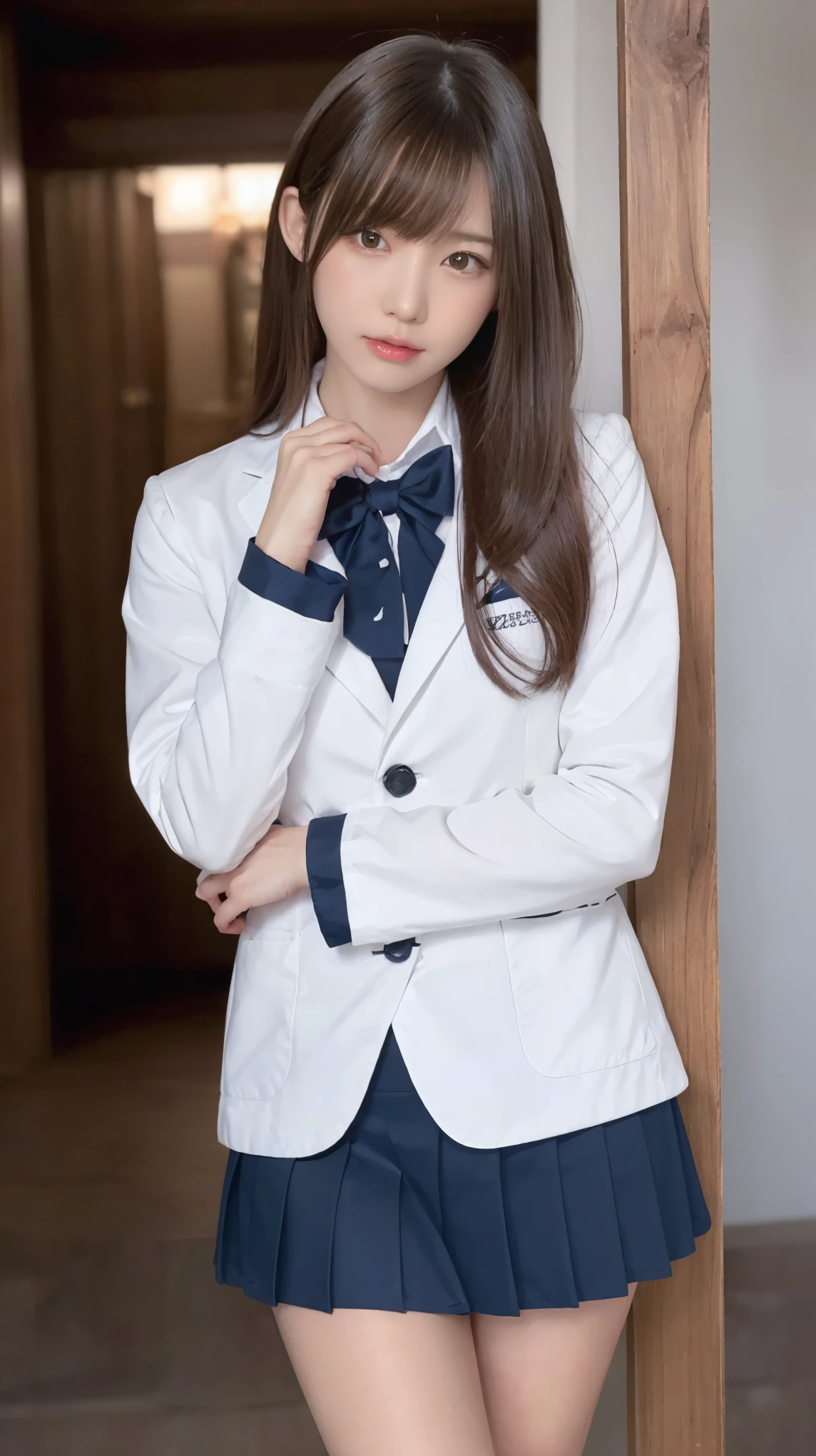 Anime girl in white coat and blue skirt poses for photo, Anime girl cosplay, けもの, twintails white_gloves, shikamimi, real life anime girl, fluffy chest, [32k hd]^10, 8K!!, cutecore, Realistic Young Gravure Idol, Anime Cosplay, full-cosplay