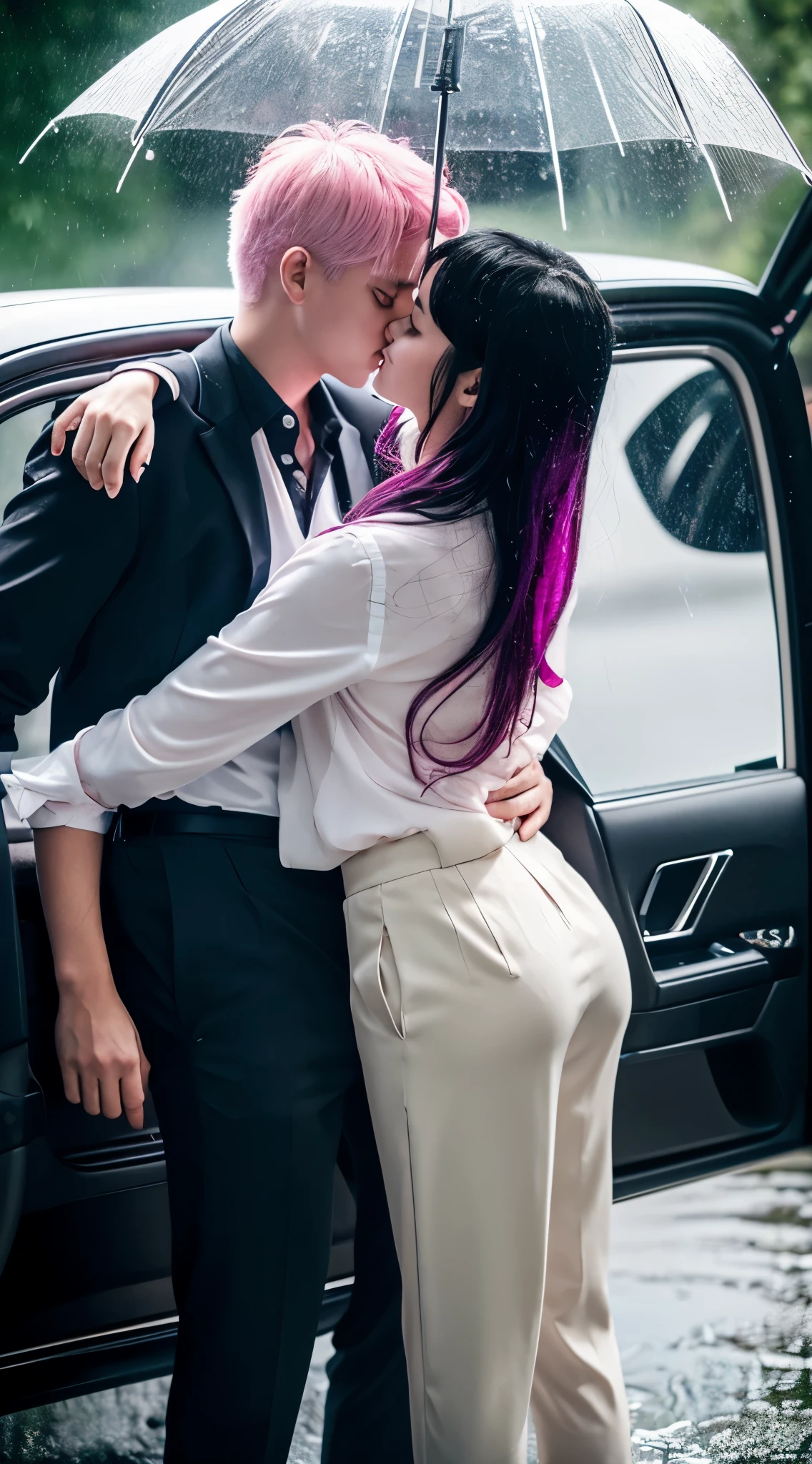 masterpiece, highest quality, Very detailed, figure, Beautiful fine details, close, With boys and girls. She had pink hair, white pleated shirt, The button on the chest is broken, skirt. The boy has black hair, Black suit, Black trousers. Boy and girl kissing in a car, Heavy rain weather