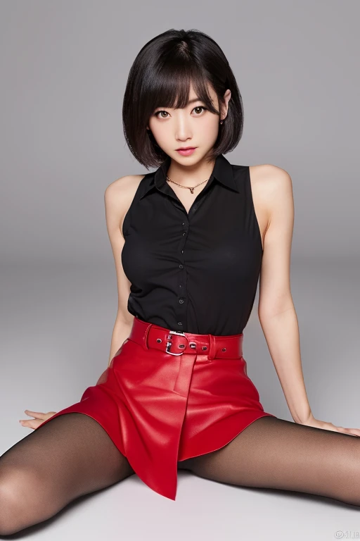 Low Angle. Studio white background. Villain played by Japanese teenager (Wavy Bob, Black Hair), Dressed in a glamorous villain costume (Black and Red, See-through skirt, boots, Sleeveless), Are standing, Holding a whip.、((Spread your legs and hold your thighs with both hands:1.5))、