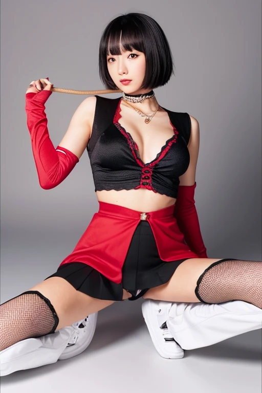 Low Angle. Studio white background. Villain played by Japanese ager (Wavy Bob, Black Hair), Dressed in a glamorous villain costume (Black and Red, See-through skirt, boots, Sleeveless), Are standing, Holding a whip.、((Spread your legs and hold your thighs with both hands:1.5))、