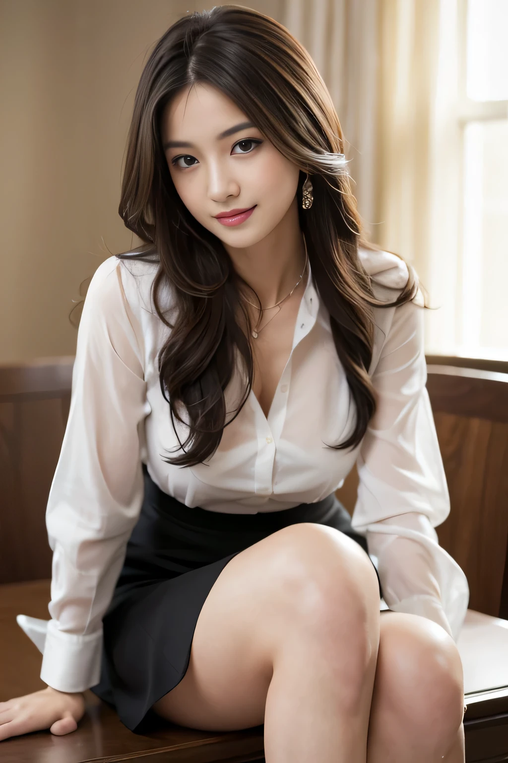 Tabletop, highest quality, Realistic, Very detailed, finely, High resolution, 8k wallpaper, One beautiful woman,, Light brown messy hair, He is wearing a black see-through dress shirt with an open collar....., Sharp focus, Perfect dynamic composition, Beautiful and detailed, Thinning hair, Detailed Realistic skin texture, smile, Close-up portrait, Model Body Type、president&#39;secretary、mini skirt、High heels、