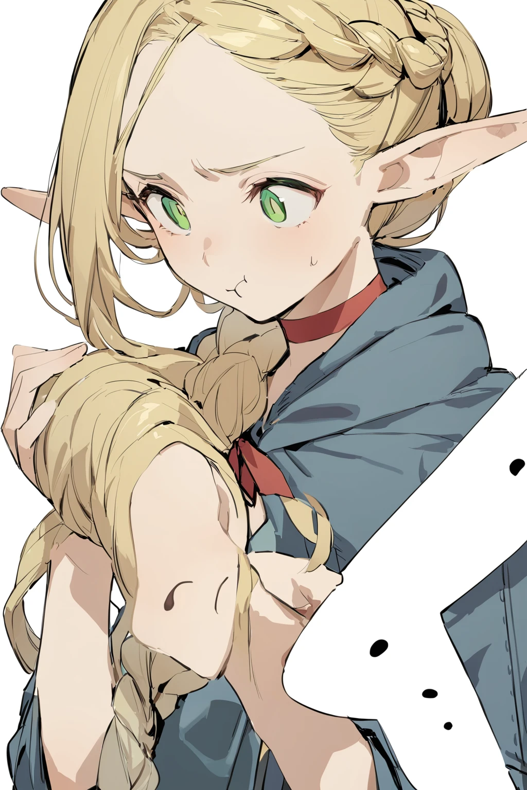 masterpiece, best qualityï¼ ï¼pointy ears, braid, solo, green eyes, ..., elf, blonde hair, white background, choker, 1girl, long hair, hair over shoulder, simple background, single braid, spoken ellipsis, :t, upper body, robe, pout