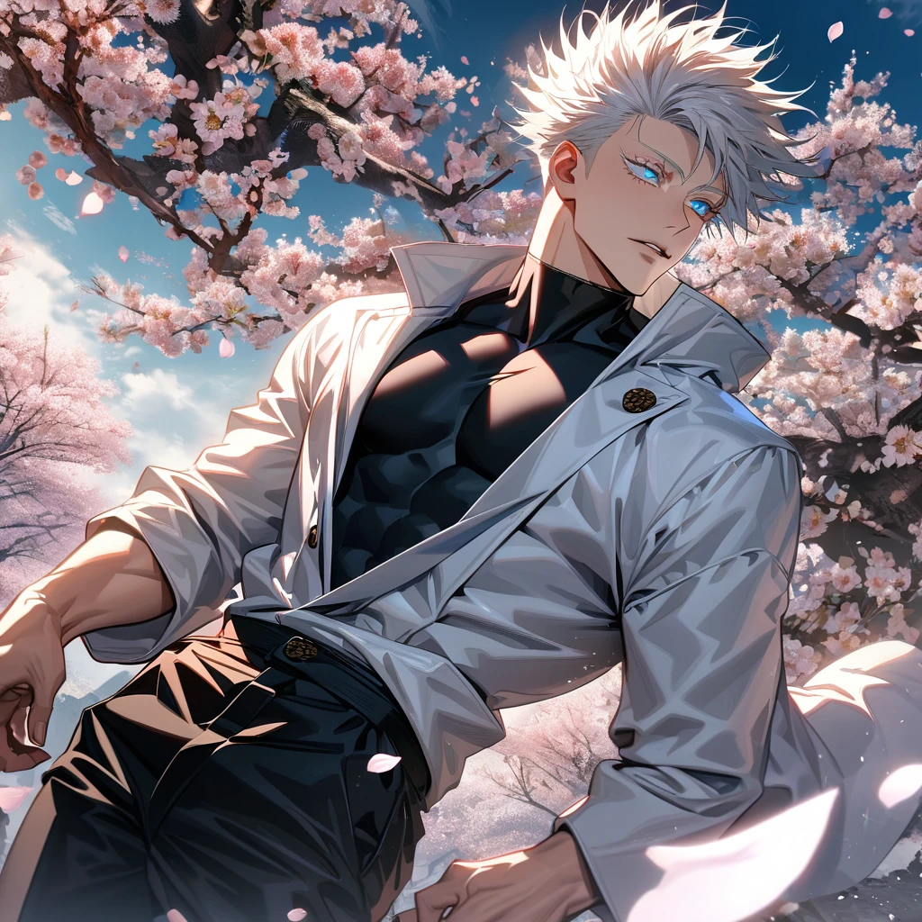 Ultra detailed, highres, absurdres, HDR, Gojo Satoru, white hair with bangs, blue eyes, white eyelashes, Jujutsu Kaisen, blossoms, spring, petals, sexy man, solo, extremely handsome, very detailed face and eyes, black shirt, white coat, black pants, toned chest,