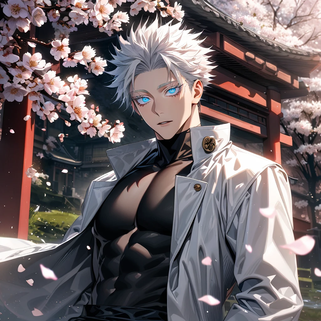 Ultra detailed, highres, absurdres, HDR, Gojo Satoru, white hair with bangs, blue eyes, white eyelashes, Jujutsu Kaisen, blossoms, spring, petals, sexy man, solo, extremely handsome, very detailed face and eyes, black shirt, white coat, black pants, toned chest,
