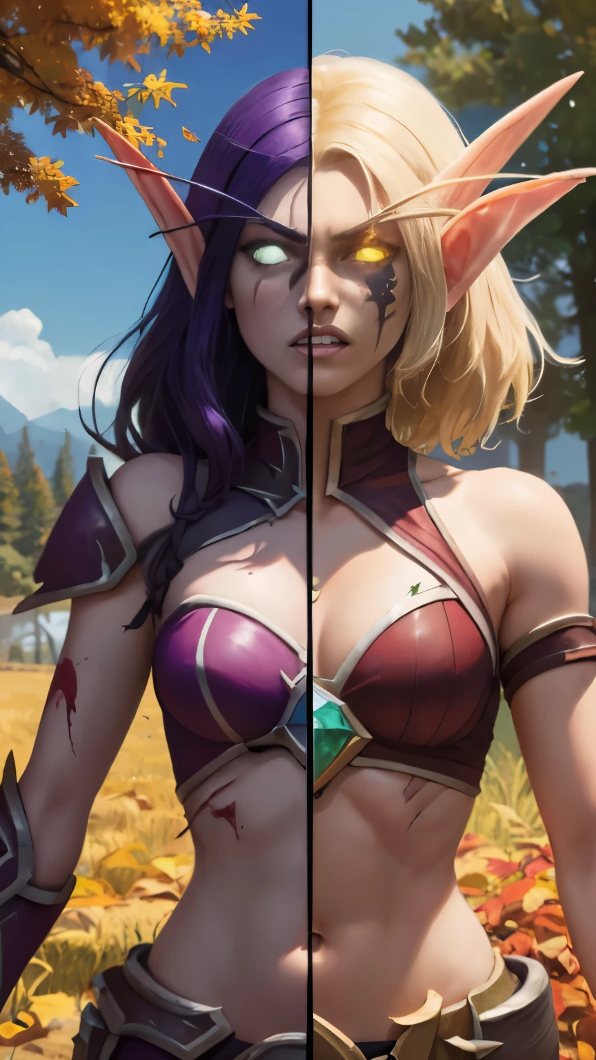 (Masterpiece, highly detailed, highly quality, highly resolutions), split eye colored, split theme ((SplitScreen, split screen, BREAK nightelf, angry, clenched teeth, scars on face, glowing eyes, blue eyes, Purple Hair, colored skin, mature female, purple midriff, navel, purple spike shoulder pad, platinum trim, green leaves, looking at viewer, forest, night, bare shoulders, spring season), (SplitScreen, split screen, BREAK bldelf, angry, clenched teeth, blood strains on faces, glowing eyes, yellow eyes, Blonde hair, colored sclera, mature female, red short shirt, navel, red shoulder pad, gold trim, yellow leaves, looking at viewer, forest, day, bare shoulders, Fall season))