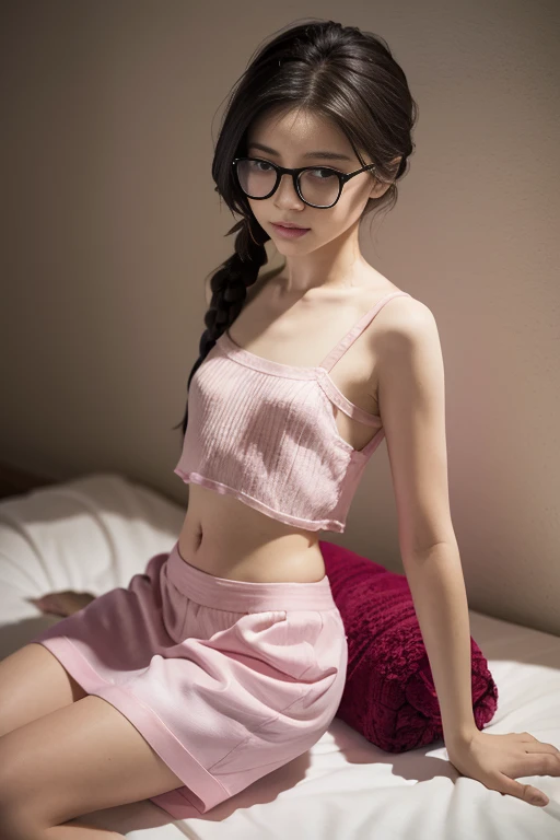 (detailed skin:1.2),(shiny skin:1.1),8k,best quality, masterpiece, ultra high res, moody lighting,(photorealistic:1.4), RAW photo,(soft saturation:1.3),(fair skin:1.2),1woman,Japanese,gyaru,makeup,(lipstick:1.1),(eyeliner:1.2),mascara,eyeshadow, glamor,Slender body,blonde hair and brown hair, chignon, BREAK (wearing detailed sexy silk pastel color babydoll:1.3), (tee-back panties), BREAK at bedroom in exclusive hotel, sitting on bed, champagne bottle,wine glass,(smile),(nipples),(braless),(Glasses),