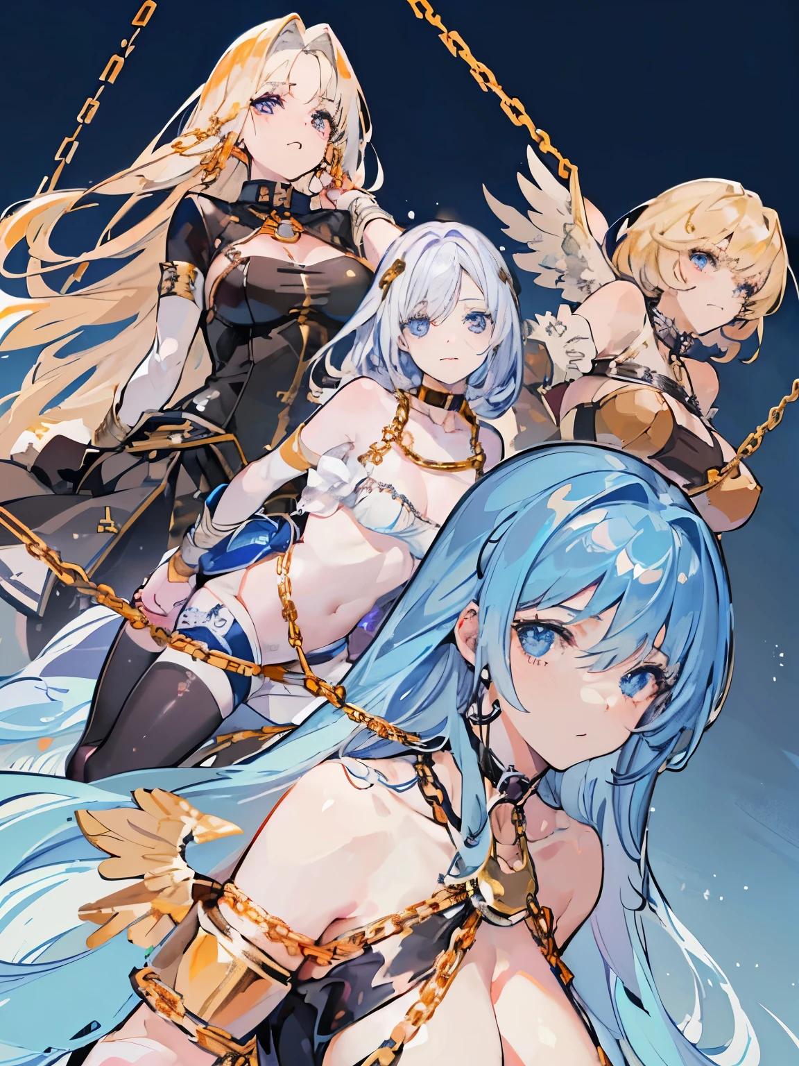 nsfw,(Superflat, masterpiece, Flat Shading, Flat Color:1.1), Cinematic shots, masterpiece, ((3 women)), European, (Three beautiful women), A female teacher standing with two girls in chains, golden Hello, Hello, (Put your hands on your neck, Suffocate:1.3), (Chained, Tied up, Golden Chain, Chain your body , Chained collar, handcuffs, rough:1.4), leather gloves, leather, slim, Angel Wings, (Cold Light, Cold blue tones), Flat blue background, Very detailed, highest quality, close、Huge Breasts