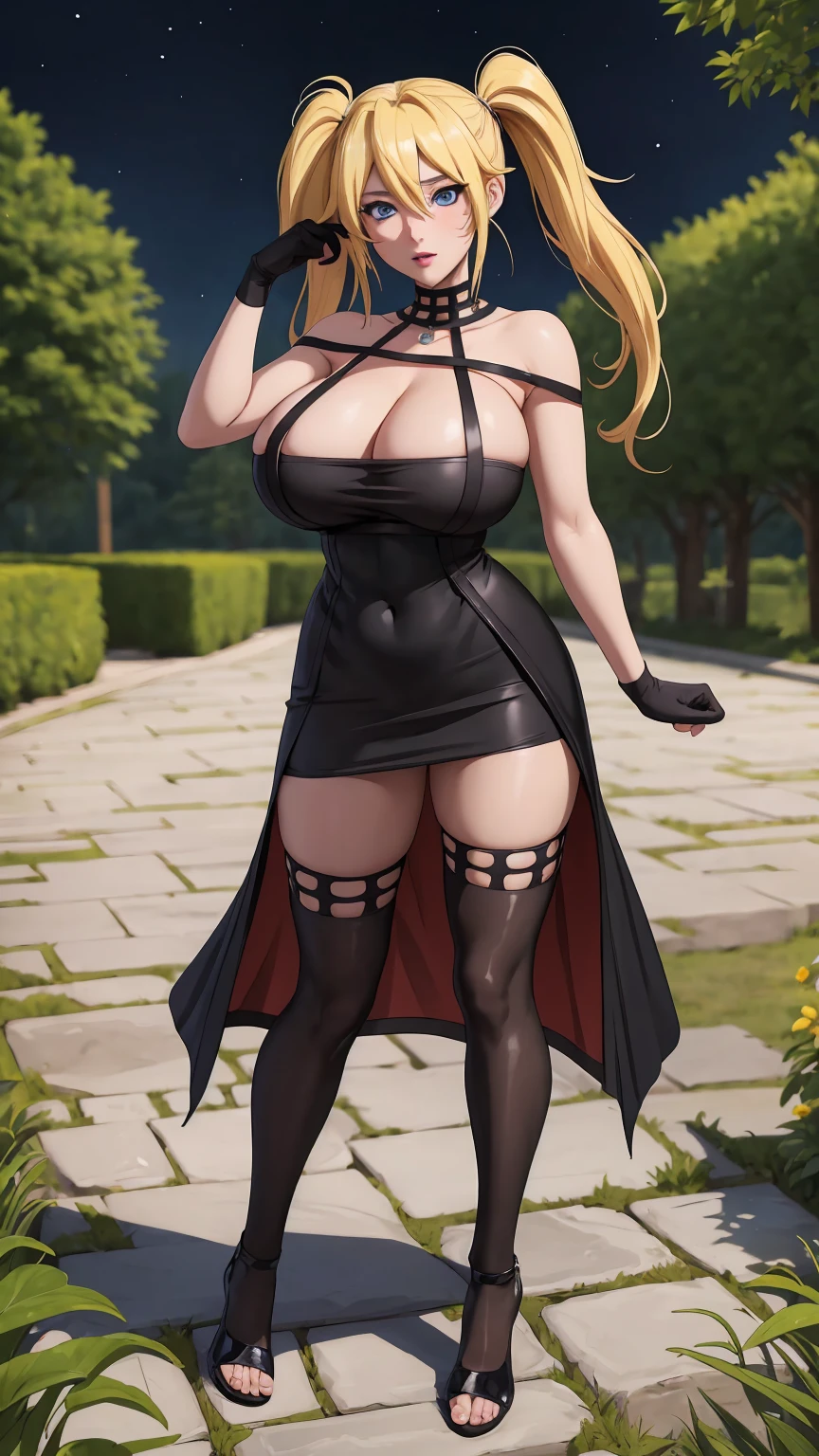 masterpiece, best quality, extremely detail 8k cg, high resolution, 1girl, narukouzumaki, twintails, wisker marks, blonde hair, blue eyes, perfect eyes, slim body, huge breasts, fakebreasts, standing, black dress, black thighhighs, black gloves, seductive face, outdoors, garden, night time, beautiful face, wide shot photo, full body