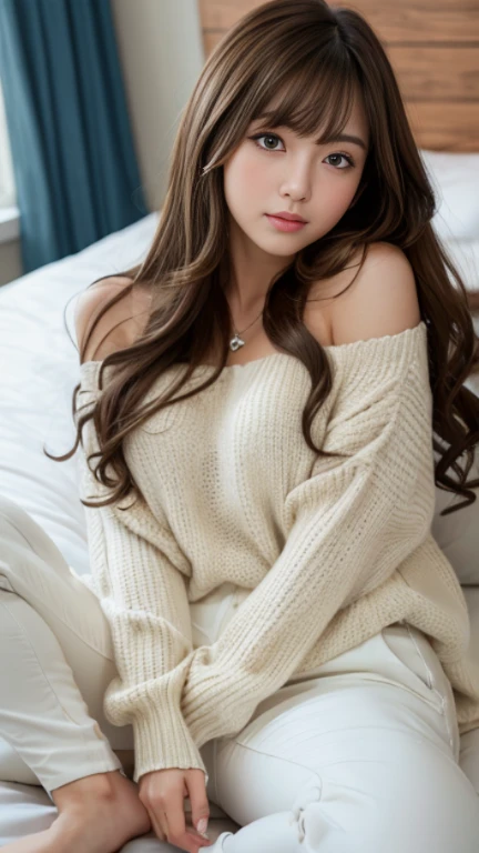 highest quality,masterpiece,超A high resolution,RAW Photos,One Girl,Loose perm hair、length、brown hair、Arms crossed、Japanese、Loose perm hair、length、brown hair、Embarrassed face、Professional photography、Same skin type as humans、A woman dressed in Japan from head to toe、Blur the background、Anatomical accuracy、Very detailed and beautiful、Ultra HD、length、Her hair is flowing and sexy、Very detailed beautiful girl、(The bangs are parted:1.2)、Shoulder-length hair、sweater、(white pants style:1.2)、(Lying in bed:1.2)、Dimly lit room
