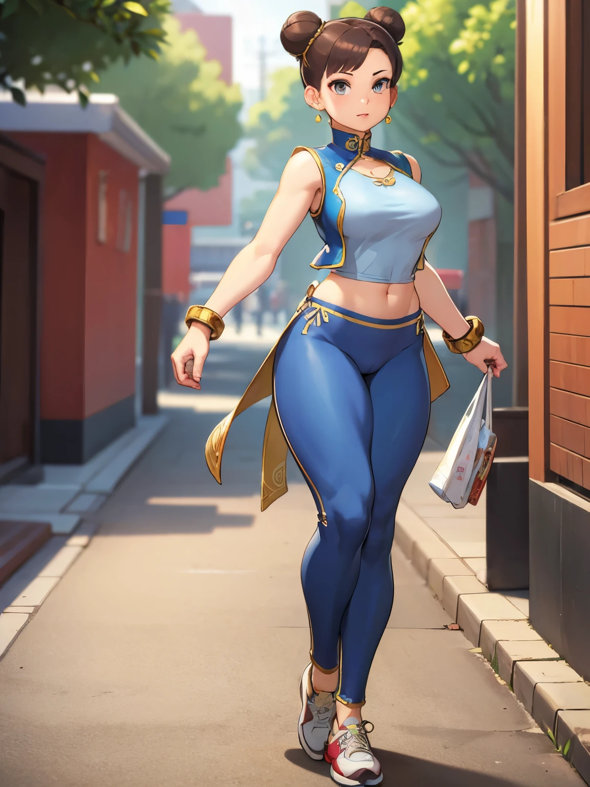 chun-li,street fighter,1girl,ass,blue pants,blue vest,breasts,brown hair,clothes pull,dated,double bun,earrings,full body,hair bun,hair ribbon,highleg,highleg panties,jewelry,large breasts,looking down,navel,open clothes,open vest,panties,pants,pants pull,parted lips,pearl earrings,ribbon,ribs,shoes,sneakers,solo,standing,tan,tanline,underwear,ves