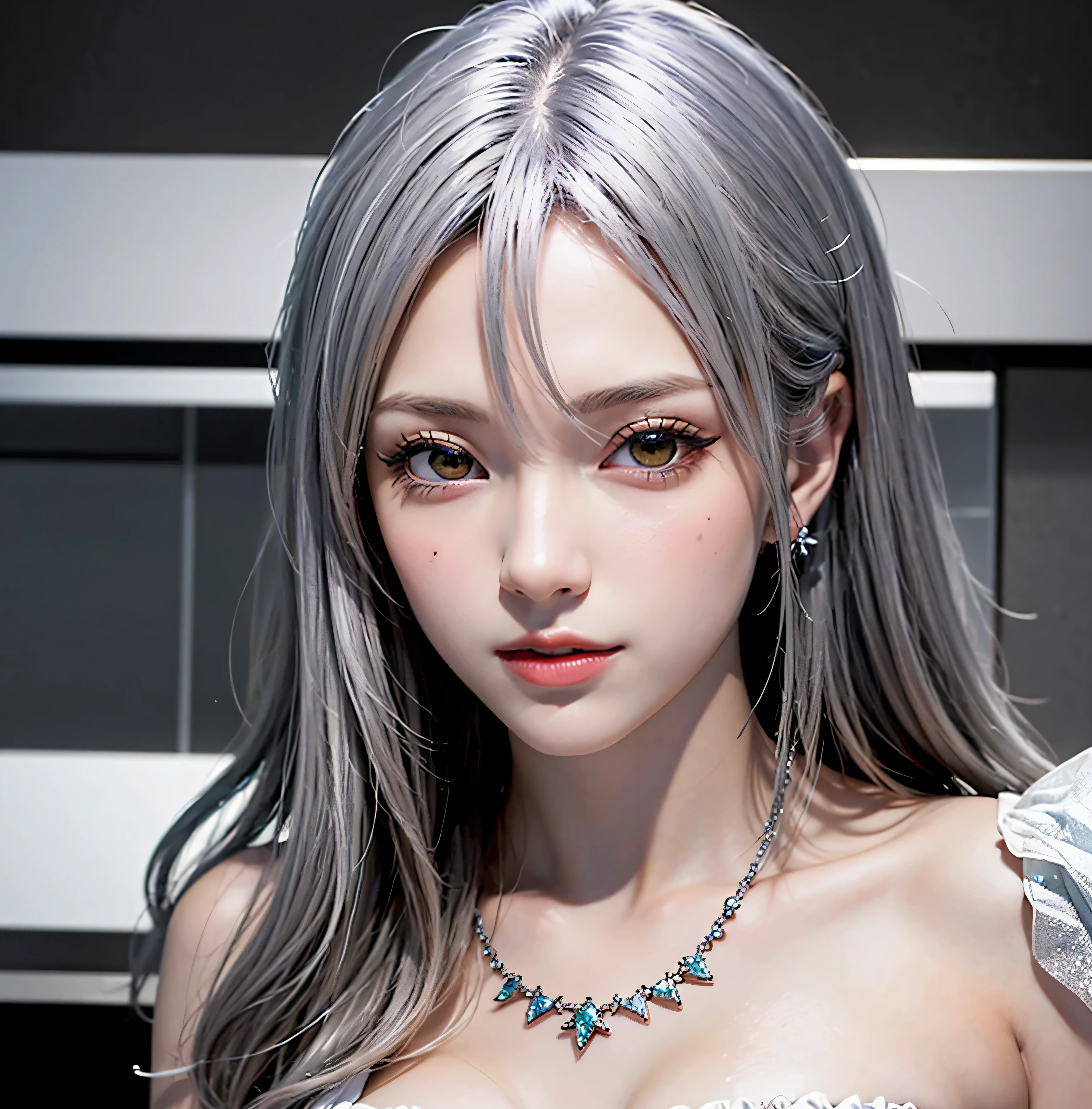 ulzzang -6500-v1.1, animesque、anime styled、ssmile、portraitures、Beautiful and moisturized silver-white eyes like crystal clear glass、Beautiful detailed woman, extremely detailed eye and face, Beautiful detailed eyes,  huge filesize, ultra-detailliert, hight resolution, ighly detailed, top-quality, ​masterpiece,  illustratio, ighly detailed, nffsw, unification, 8k wallpaper, splendid,jewelry, tattoos, finely detail, ​masterpiece, top-quality, Highly detailed ticker uniform 8K wallpaper, Light on the Face、Movie Lighting、Very cute 1８Year old girl