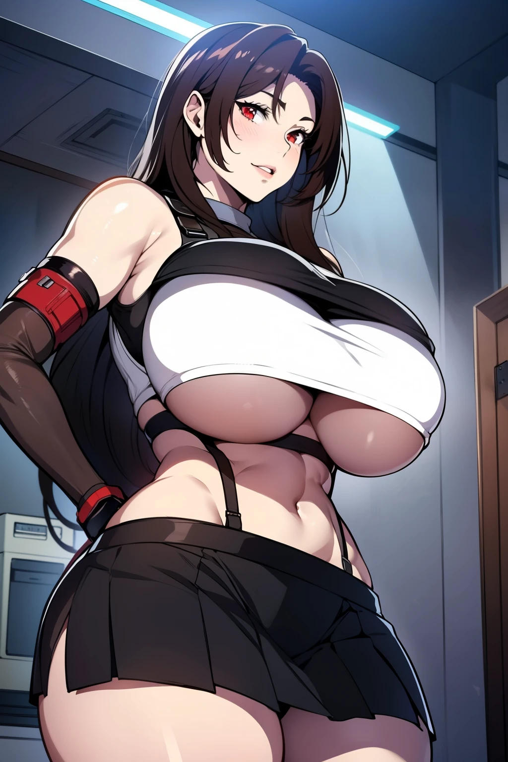 An anime-style artwork depicting tifa from the game final fantasy 7

Tags: tifa, anime, detailed eyes, detailed lips, ass, 1girl, red eyes, gauntlet, elbow pad, skirt, crop top, black hair, solo, huge breasts, smiling expression, intense gaze, dynamic pose, indoor, palace, vibrant colors, digital art, high-resolution, professional quality, gigantic breasts, (underboob : 1.4), curvy, cowboy shot, (gigantic breasts: 1.4),