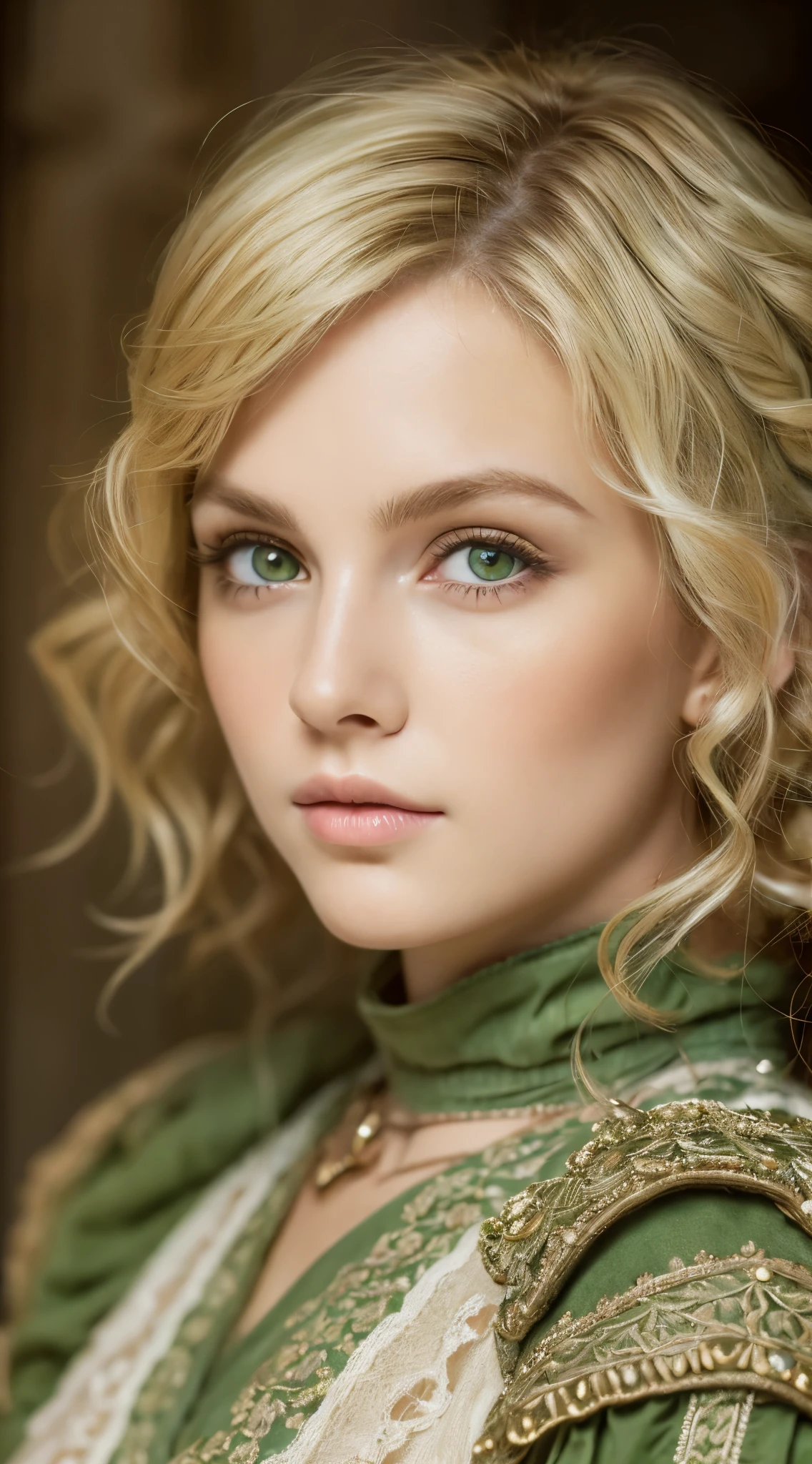 One girl, masterpiece, highest quality, 8k, Detailed skin texture, Detailed cloth texture, Beautifully detailed face, Intricate details, Super detailed, European girl, Green Eyes, Blonde has curly hair, 3D Characters, Medieval Knight