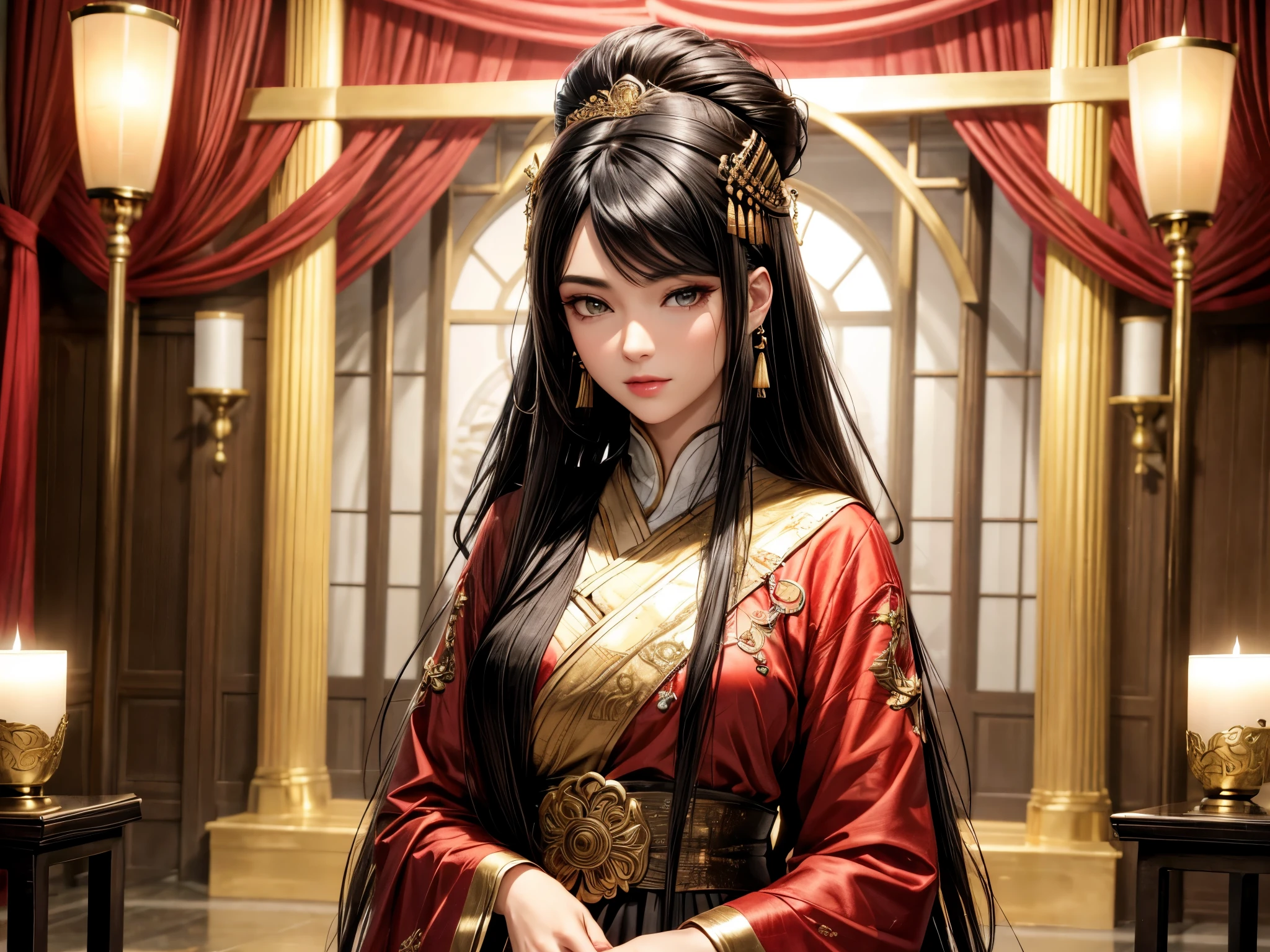 ((best quality)), ((Ultra-high resolution)), ((Practical)), fine details, Age of appearance 19 years, Black Hair, Perfect face shape, medium makeup:1.5, face lighting, Emphasis on details, Long hair, Wearing a Chinese red wedding dress:1.3, Gold headdress, Holding a fan, Gold dress detail. Full body portrait, Windows, floor, curtain, Candlelight, Presents a picture of a distant pose.