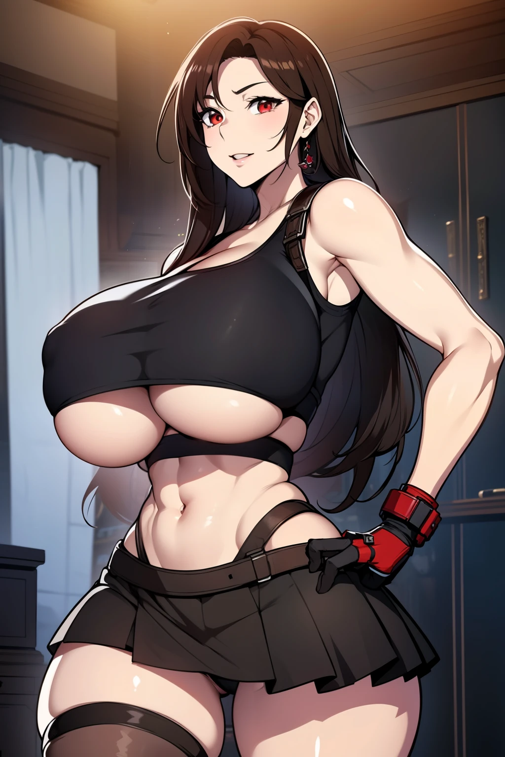 An anime-style artwork depicting tifa from the game final fantasy 7

Tags: tifa, anime, detailed eyes, detailed lips, ass, 1girl, red eyes, gauntlet, elbow pad, skirt, crop top, black hair, solo, huge breasts, smiling expression, intense gaze, dynamic pose, indoor, palace, vibrant colors, digital art, high-resolution, professional quality, gigantic breasts, (underboob : 1.4), curvy, cowboy shot, (gigantic breasts: 1.4),