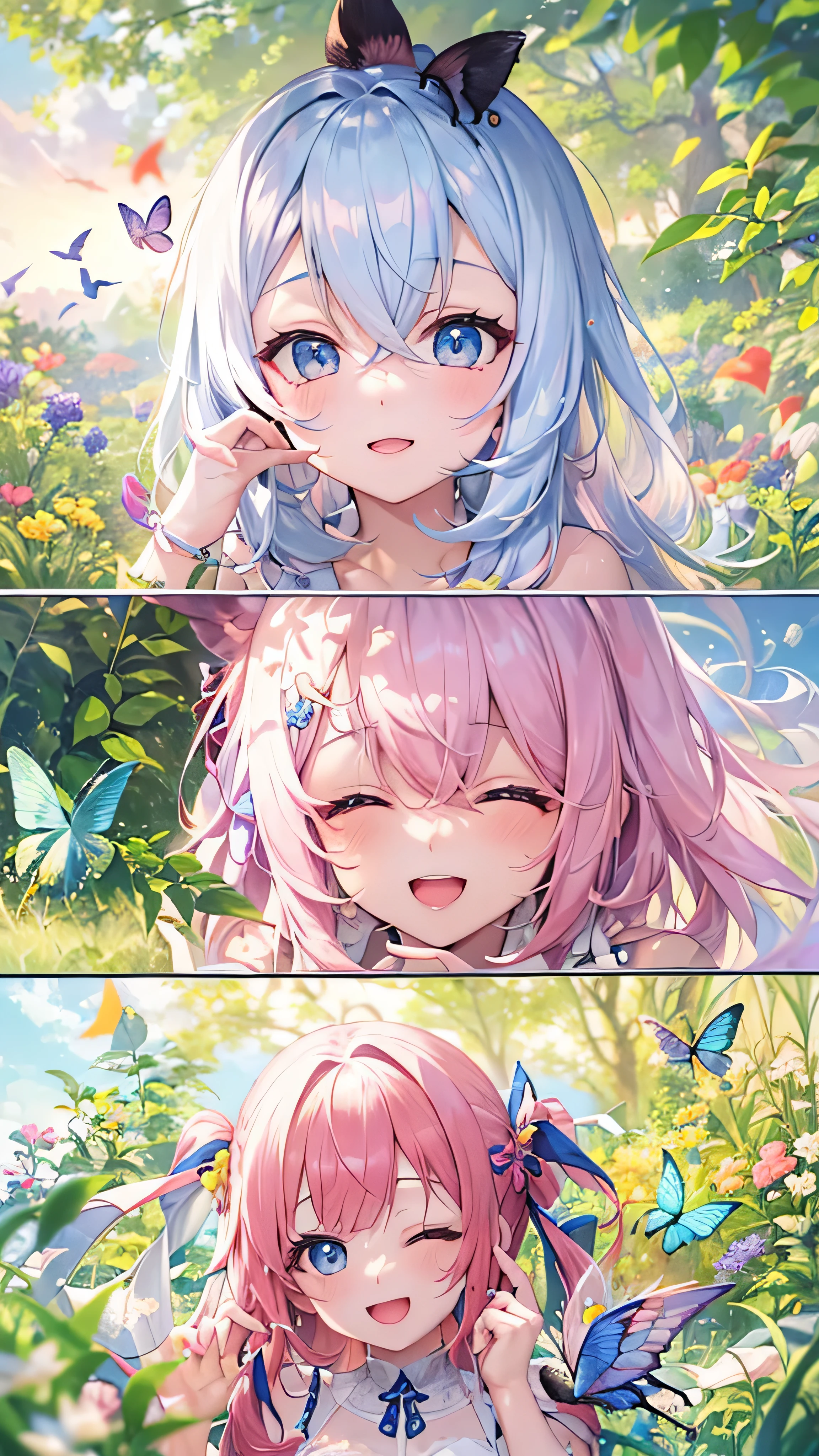 Two pure and innocent girls,、2 people(One with pink hair、1 Name Light Blue Hair)、Cute face、Beautiful Eyes、topless、Nipples、Natural beauty、Warm sunshine、Wildflowers swaying in the breeze々Surrounded by、Enjoying time in the fields。Butterflies and birds fly around her、Creates a playful atmosphere。