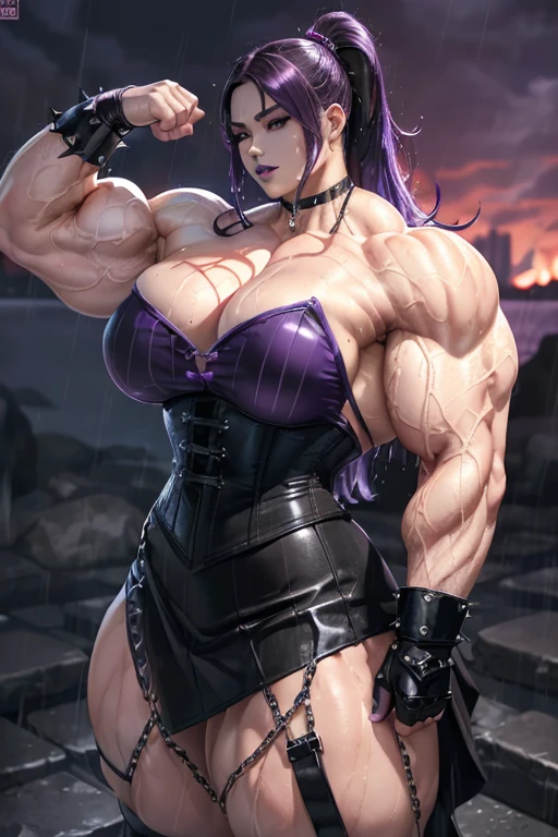 ((((Massive, tall, beautiful, buff, wet, pale white skinned muscular asian woman with violet purple hair, black lipstick, ginormous bulky muscles, flexing muscles and wearing a black leather corset with loose skirt)))), (red background), close view, (massive muscles), massive biceps, hyper muscle shoulders, hyper muscle triceps, (long hair with long bangs), (glowing black eyes), choker, (chain belt), black boots, (spiked gauntlets), (fingerless gloves), (in a raining dark island), confident smirk, night, red moon, (red skies), hyper vascular arm, hyper muscles arms, hyper muscle legs, (ginormous arms).