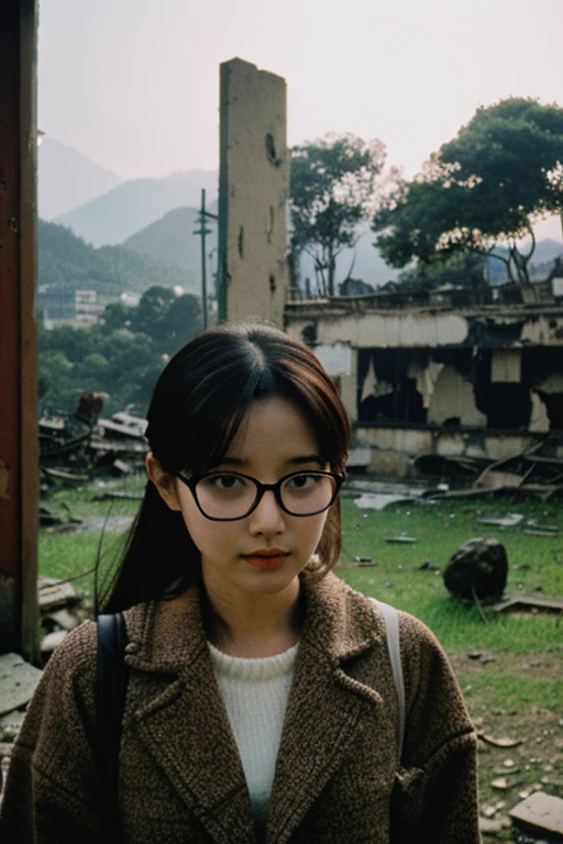 amusement park,moss,Collapse,Devastation,Inside the ruins is narrow,Showa,Glasses,Women,adventure,Black and White,