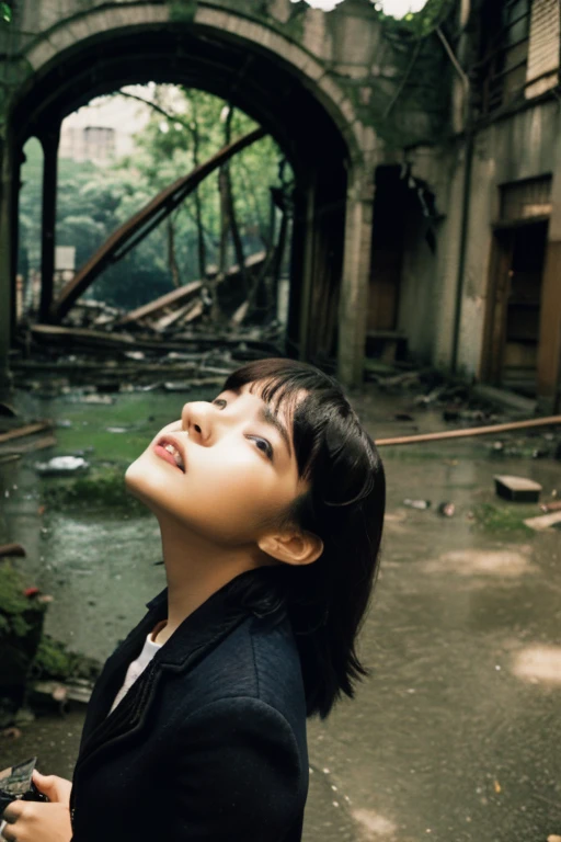 amusement park,moss,Collapse,Devastation,Inside the ruins is narrow,Showa,Glasses,Women,adventure,Black and White,