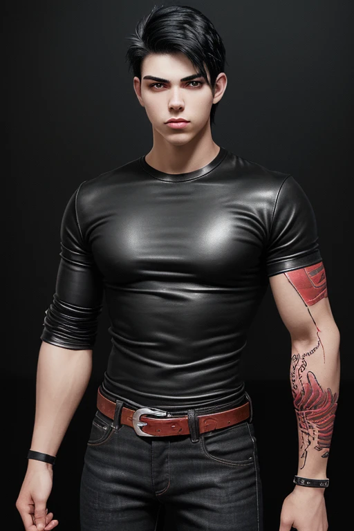 20-year-old boy, black hair, layered cut, black eyes, shirt, red sleeves, muscular build, athletic, slim, snake tattoo, black jeans, black leather belt, silver buckle, background of New Orleans at night