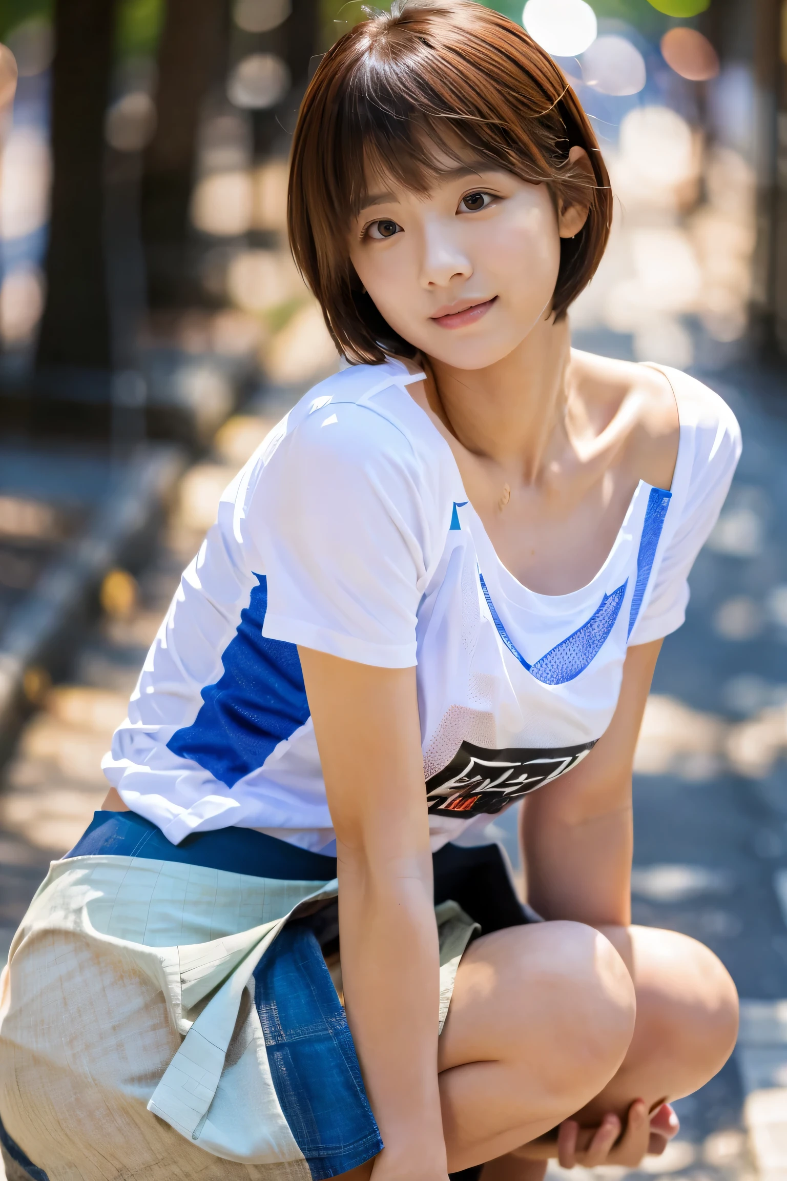 masterpiece, highest quality, Photorealistic, Very detailed, finely, High resolution, 8K Wallpaper, Professional, High level of detail, ((One 18 year old girl:1.2)), Slender Japanese women,cute lips, Detailed clavicle, Mid-chest、Perfect Face, (Cute short hair:1.5), Chestnut Hair、((A T-shirt on bare skin:1.5))、A shy smile、((mini skirt:1.5))、(Crouching, facing straight ahead:1.5)