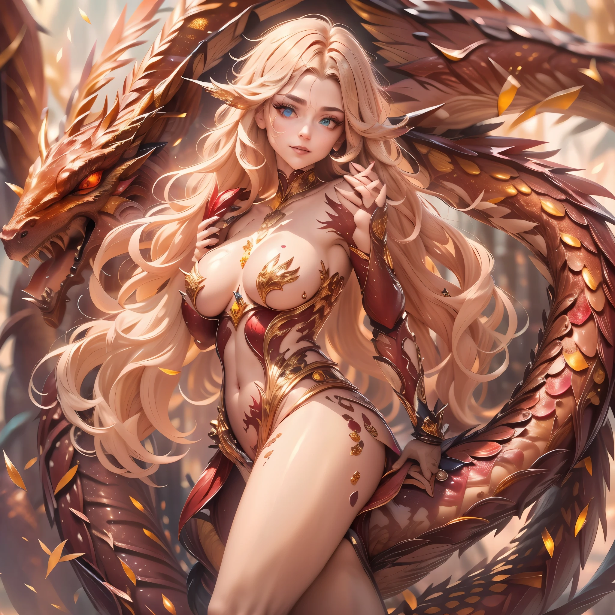 (best quality,4k,8k,highres,masterpiece:1.2, portrait), ultra-detailed, realistic, naked sexy dragon woman with red and gold glittering scales, skin is glittering ruby and golden scales, long wavy blonde hair with red highlights, very playful but mischievous smile, huge tits, gigantic breasts, naked, nude, detailed crotch, detailed vulva, sexy pose, playful, bi-coloured eyes, heterochromia, lustful