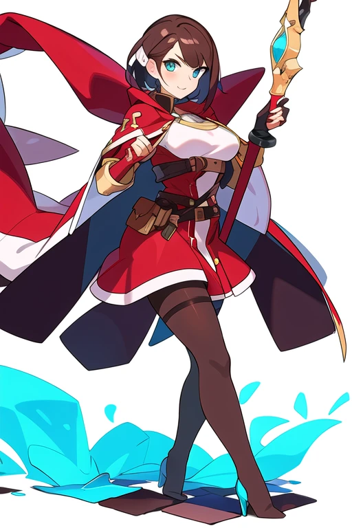 (stand posture), cute eyes, adult woman,, solo, high fantasy outfits, ((white background)), (full body), holding weapon, pantyhose, belt,