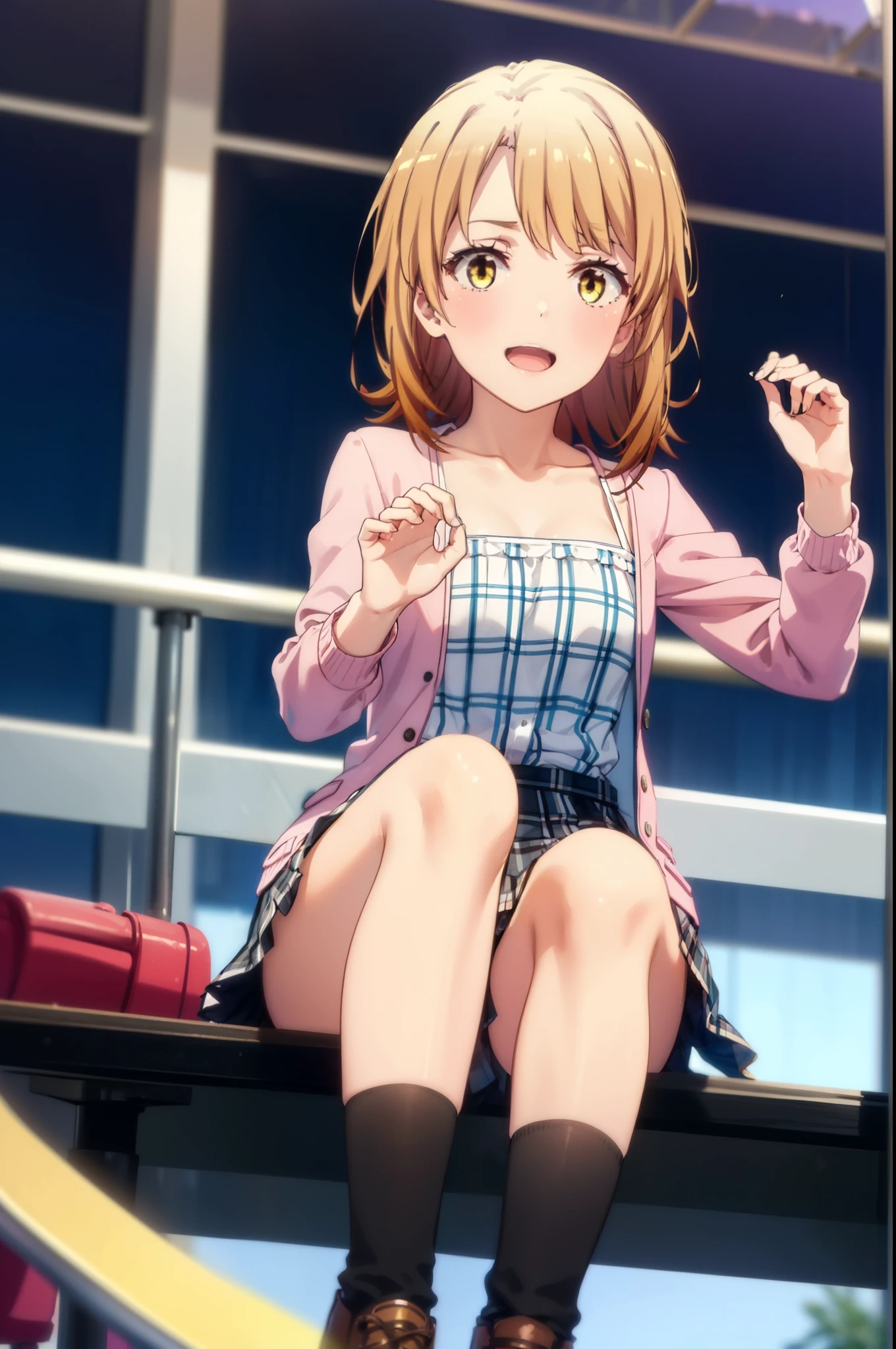 irohaisshiki, Iroha Isshiki, long hair, brown hair, (Brown eyes:1.5), happy smile, smile, Open your mouth,camisole, 白のcamisole , Grey plaid pleated skirt,Black pantyhose,short boots, amusement park bench,(Sitting, Lift up the skirt, Place your hands between your legs), sexy、amusement park, roller coaster, carousel, Bumper Car, Ferris wheel, Water Park,Clear skies,Daytime,
break indoors, amusement park,
break looking at viewer,whole body, (Cowboy Shot:1. 5)
break (masterpiece:1.2), highest quality, High resolution, unity 8k wallpaper, (figure:0.8), (Beautiful fine details:1.6), Highly detailed face, Perfect lighting, Highly detailed CG, (Perfect hands, Perfect Anatomy),