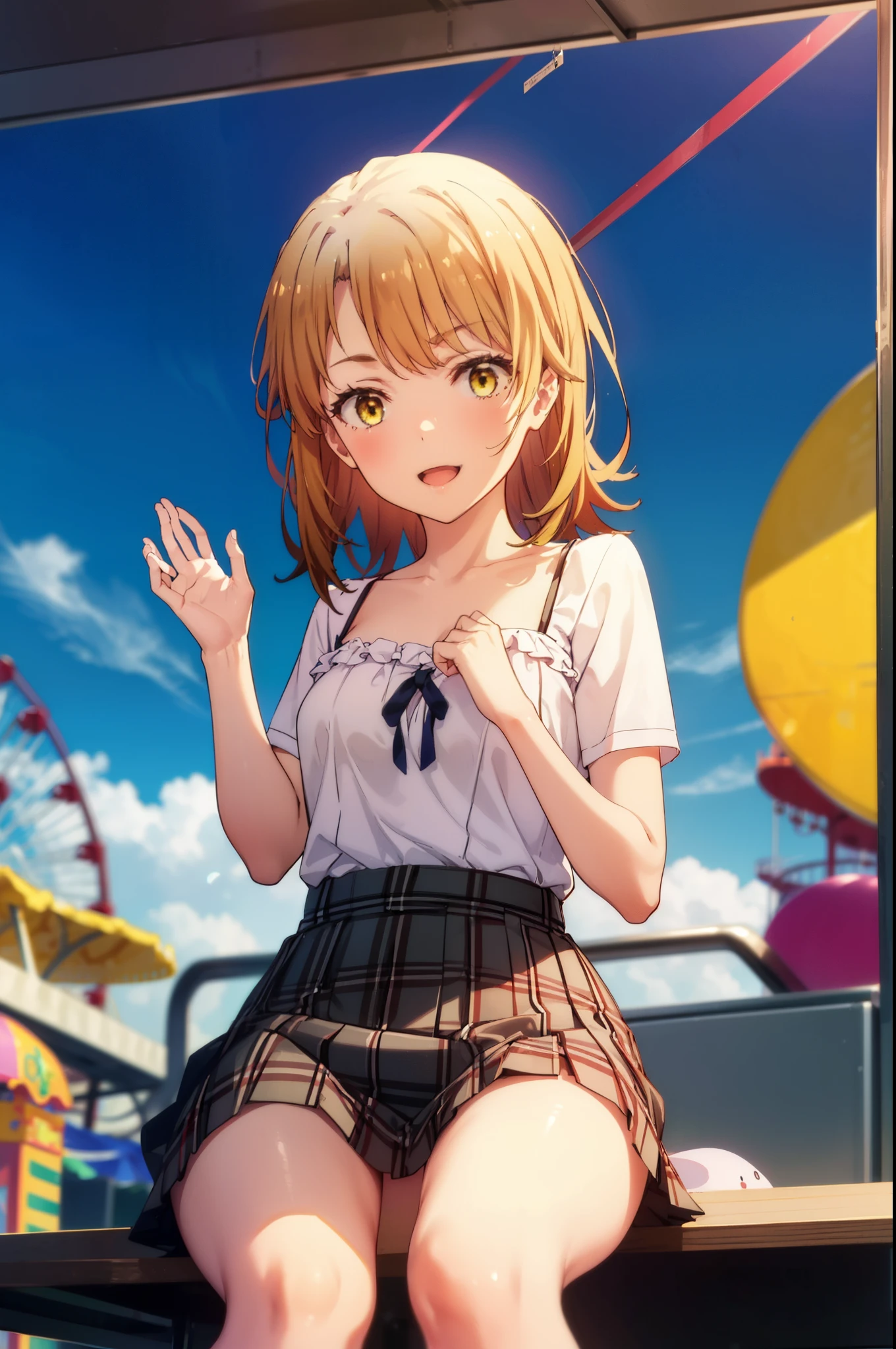 irohaisshiki, Iroha Isshiki, long hair, brown hair, (Brown eyes:1.5), happy smile, smile, Open your mouth,camisole, 白のcamisole , Grey plaid pleated skirt, amusement park　bench,(Sitting, Lift up the skirt, Place your hands between your legs), sexy、amusement park, roller coaster, carousel, Bumper Car, Ferris wheel, Water Park,
break indoors, amusement park,
break looking at viewer,
break (masterpiece:1.2), highest quality, High resolution, unity 8k wallpaper, (figure:0.8), (Beautiful fine details:1.6), Highly detailed face, Perfect lighting, Highly detailed CG, (Perfect hands, Perfect Anatomy),