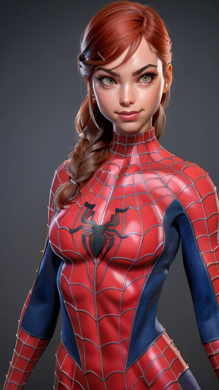 ((Mary Jane Watson )), (((exposed breasts))), unzipped:1.2, bright eyes, ((panties)), smile, Beautiful woman detailed defined body using spider man cosplay, small breasts, ((breasts popping out)), thigh gap, (freckles) unzipped, auburn hair, narrow waist, wide hips ((Spider-Man top, cosplay)), (she is holding a Spider-Man mask) (location is city rooftop), time of day is night, the costume is unzipped, ((her bare breasts are exposed)), visible nipples, (freckles across her nose)