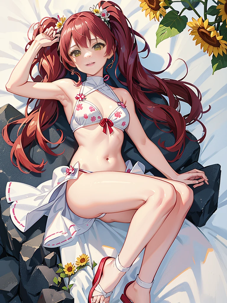 young girl, with long red hair, green eyes, wearing a pink bikini with white and yellow flower patterns, red hair tied in twintails yellow and red flower hair accessories, yellow sandals with sunflower decorations, 2 red and 1 white flower hair clips, 2 pink and white flower wristbands, Yellow sunflower sandals, The bikini top is a halter top with a pink and white floral pattern. The bottoms are pink with a white floral pattern and have a high-cut leg, small breasts, Beautiful feet, Beautiful breasts 