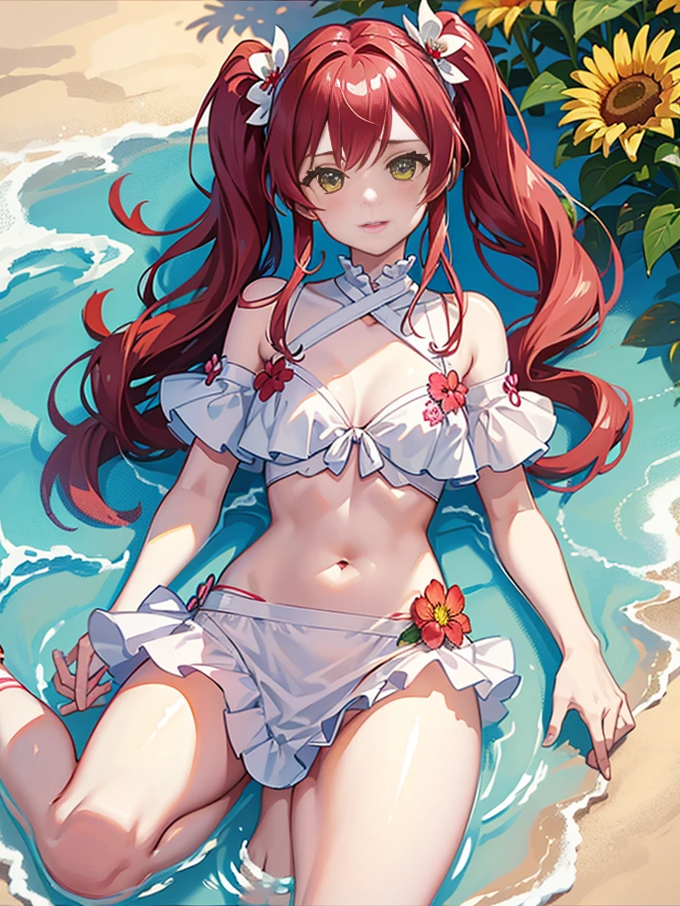 young girl, with long red hair, green eyes, wearing a pink bikini with white and yellow flower patterns, red hair tied in twintails yellow and red flower hair accessories, yellow sandals with sunflower decorations, 2 red and 1 white flower hair clips, 2 pink and white flower wristbands, Yellow sunflower sandals, The bikini top is a halter top with a pink and white floral pattern. The bottoms are pink with a white floral pattern and have a high-cut leg, small breasts, Beautiful feet, Beautiful breasts