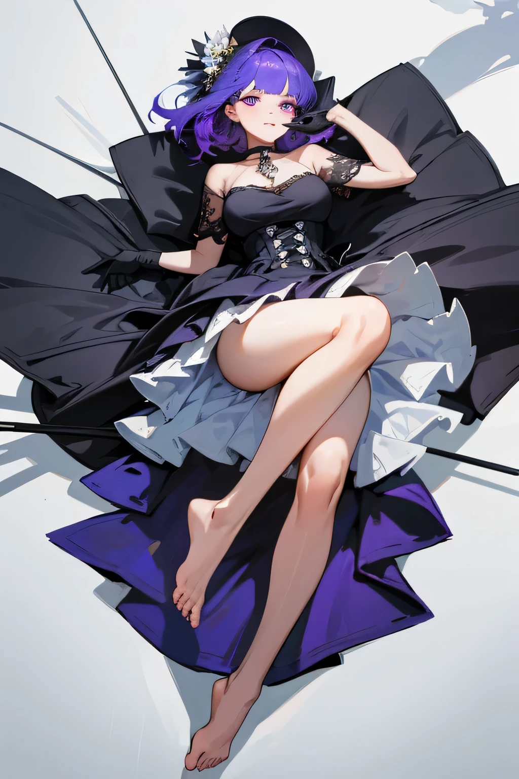 masterpiece, top quality, super detailed, high resolution, (ink painting style), excellent anatomy, 1 beautiful woman, highly detailed 8k wallpaper, outdoor, Helena, (Azur Lane), strapless dress, dress, layered dress, white flower, hair ornaments, purple eyes, (choker), overview, (black gloves), bare foot, best light, best shadow, mysterious, perfect face, highly detailed,