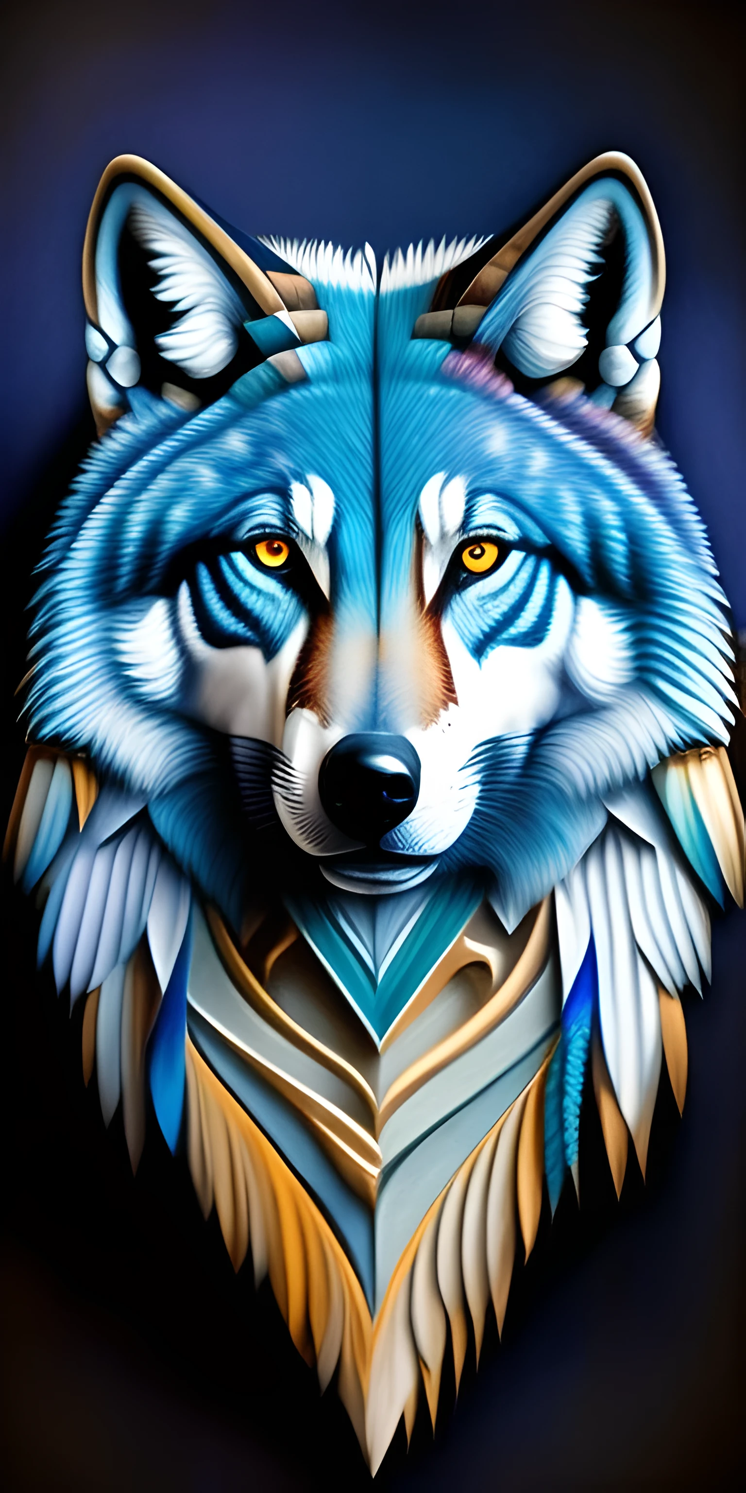 Lobo nativo americano / Arte animal / Imagen de lobo / Impresiones de lienzo / Impresiones de metal / Wall decoration, En esta cautivadora obra de arte digital, a majestic wolf draws attention on a crisp white background, acentuado por atrevidas rayas de azul zafiro intenso, que recuerdan al estilo de los nativos americanos. Algunas plumas de adorno, symbolizes a powerful guardian of dreams with a touch of bohemian style. Los ojos del lobo, iluminados en un fascinante color turquesa, They emit an aura of deep connection with the spiritual realm. This piece invites contemplation of the ethereal nature of dreams and their firm protectors., blurring the boundaries between reality and the subconscious in a fusion of Native American and bohemian aesthetics. a drawing of a lobo with feathers and feathers on it's head, An airbrush painting, contraventana, arte peludo, blue lobo, angielobo, lobo, great lobo, wolp, photo of lobo, lobos y sus tesoros, animales hermosos detallados, lobo portrait, fantasy lobo portrait, furry lobo, alpha lobo head, half lobo, fondo blanco, mirada al horizonte de perfil. plumas a su alrededor, estilo aerografo