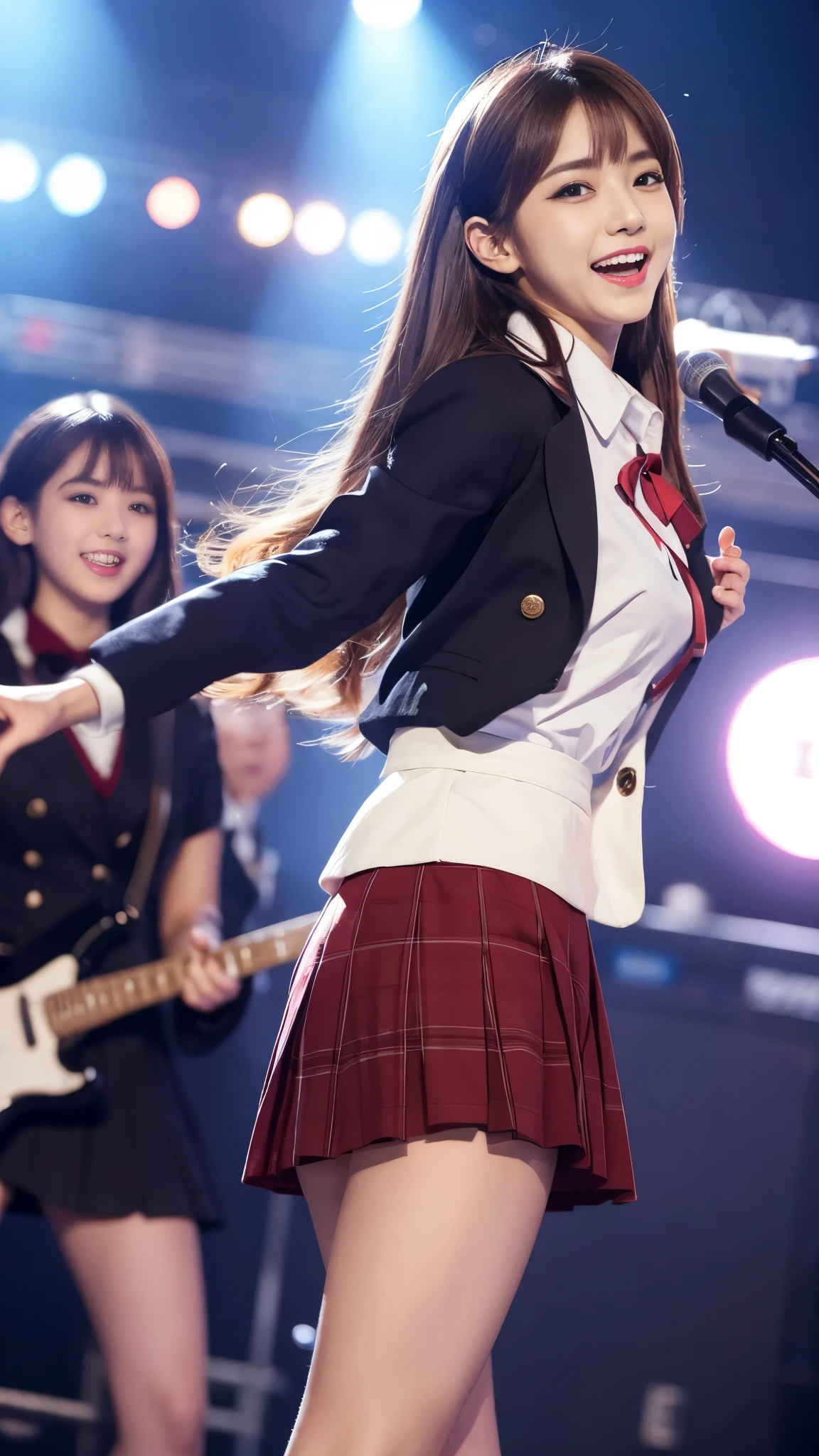 highest quality,masterpiece,Ultra-high resolution,(Actual:1.4),Original photo,Ultra-high resolution,8K,Wearing Nogizaka46 stage costumes,Flashy makeup with red eyeshadow,Big laughing smile,Short cut with delicate brown hair,A live costume of a high school girl's uniform mini skirt,Live costume: high school girl uniform jacket,She is jumping with her skirt rising up,Two girl idols,Concert Venues