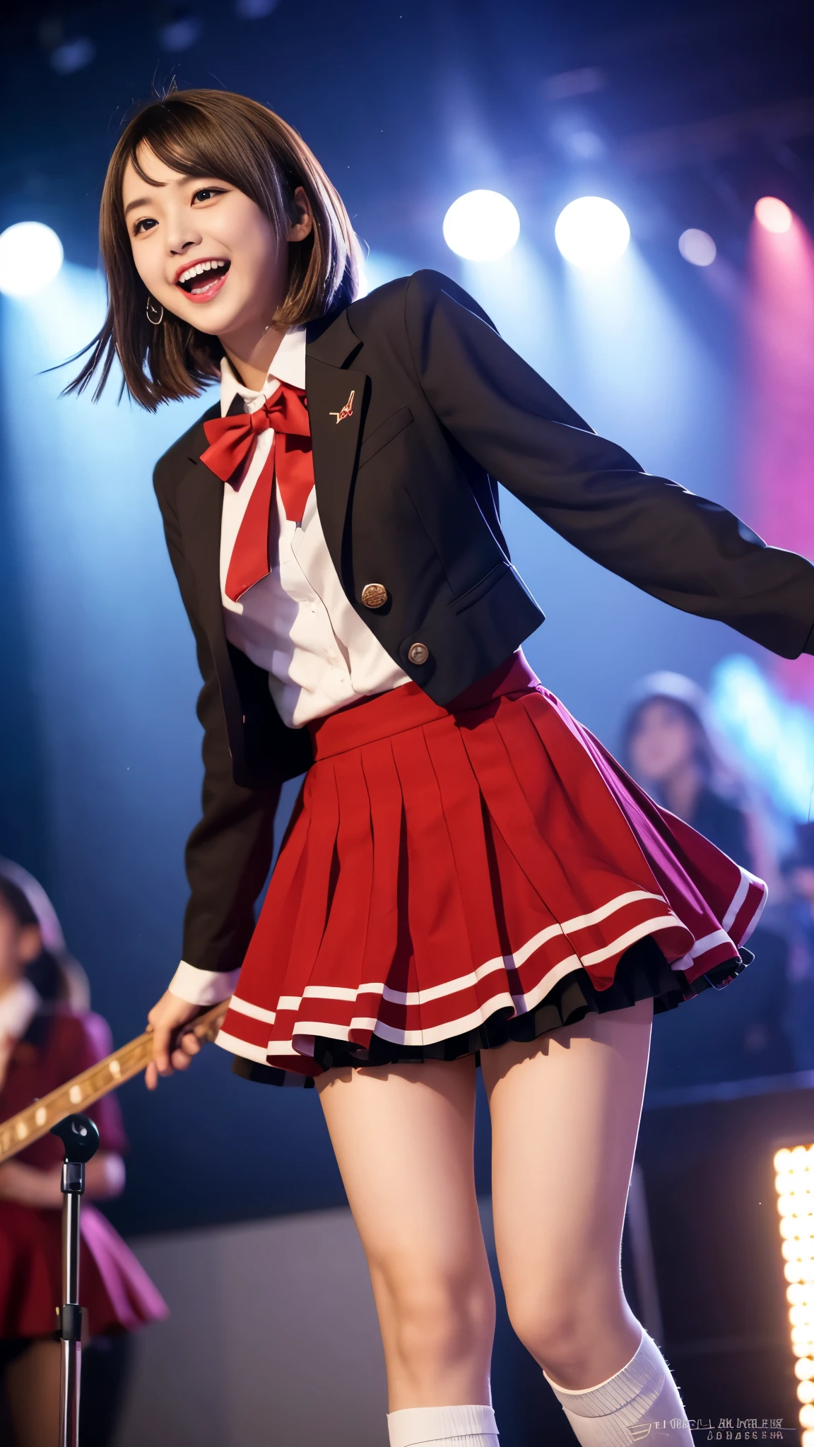 quality,masterpiece,Ultra-high resolution,(Actual:1.4),Original photo,Ultra-high resolution,8k,Wearing Nogizaka46's stage costume,Flashy makeup using red eyeshadow,Big smile,Delicate brown hair short cut,女子高生のLive costumes'Uniform Mini Skirt,Live costumes: High School Girl Uniform Jacket,She is jumping with her skirt rolled up,Two girl idols,Concert Venues
