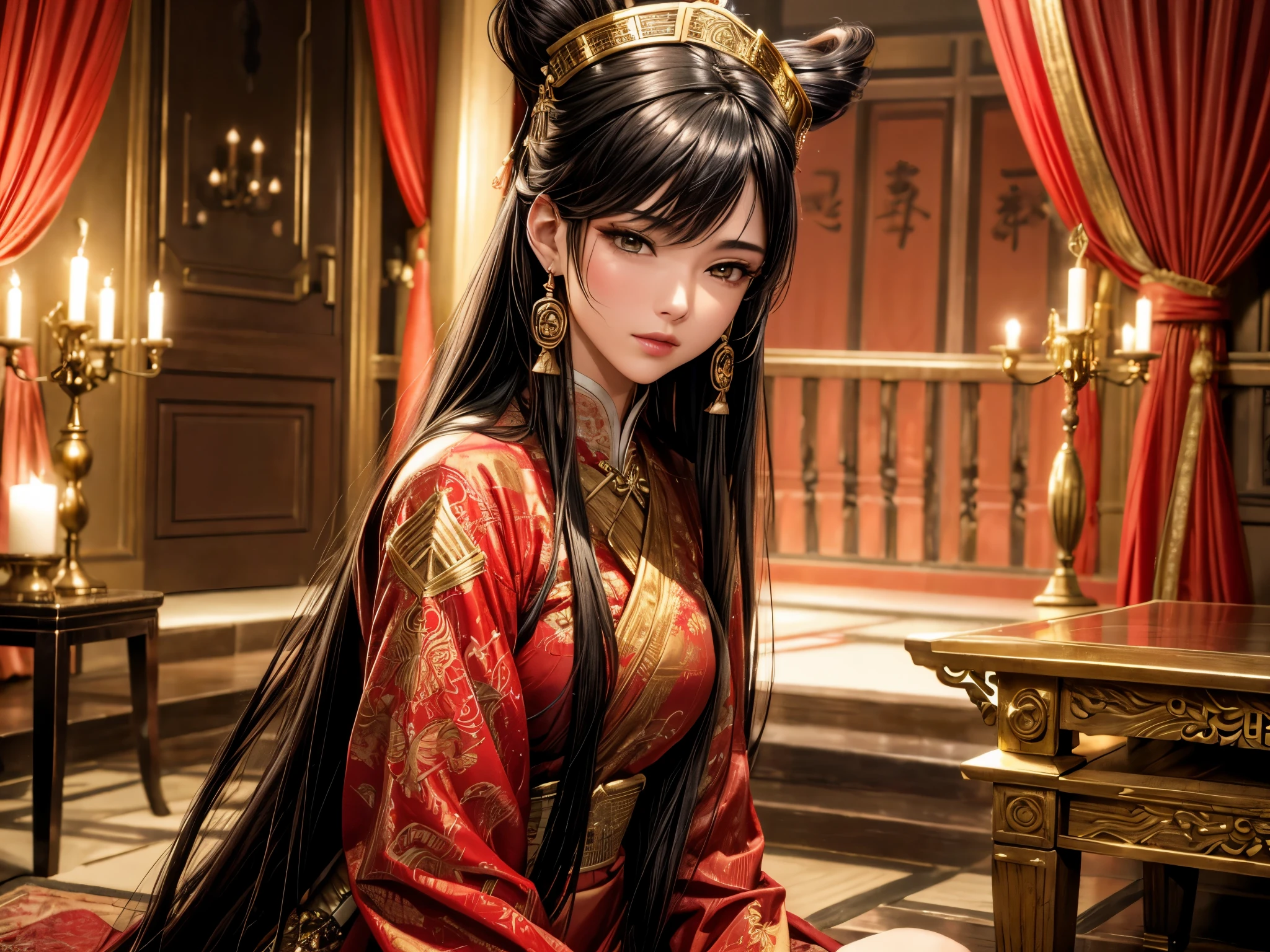 ((best quality)), ((Ultra-high resolution)), ((Practical)), fine details, Age of appearance 19 years, Black Hair, Perfect face shape, medium makeup:1.5, face lighting, Emphasis on details, Long hair, Wearing a Chinese red wedding dress:1.3, Gold headdress, Holding a fan, Gold dress detail. Full body portrait, Windows, floor, curtain, Candlelight, Presents a picture of a distant pose.