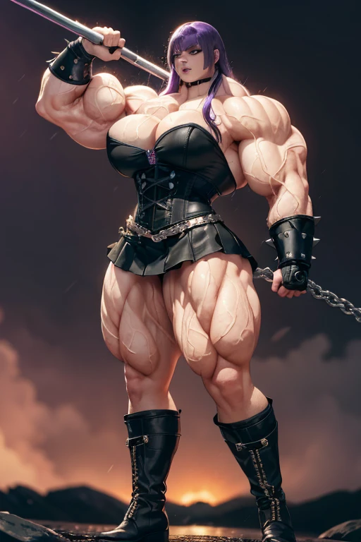 ((((Massive, tall, beautiful, buff, wet, pale white skinned muscular woman with violet purple hair, black lipstick, ginormous bulky muscles, flexing muscles and wearing a black leather corset with loose skirt)))), (red background), close view, (massive muscles), massive biceps, hyper muscle shoulders, hyper muscle triceps, (long hair with long bangs), (glowing black eyes), choker, (chain belt), black boots, (spiked gauntlets), (fingerless gloves), (in a raining dark island), confident smirk, night, red moon, (red skies), hyper vascular arm, hyper muscles arms, hyper muscle legs, (ginormous arms).